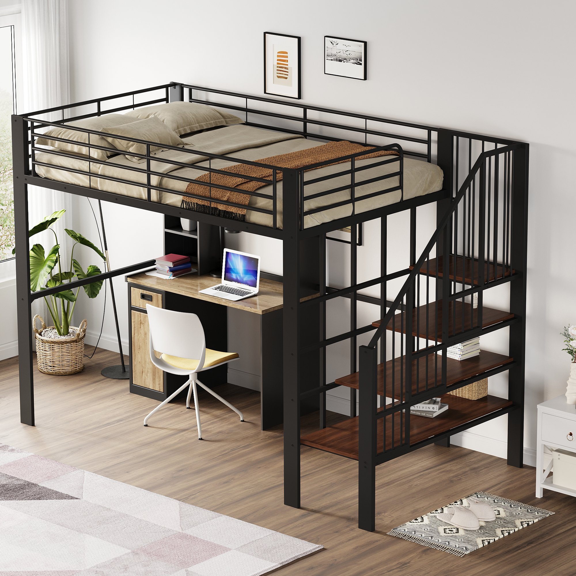 Lit mezzanine 140x200 en métal et bois avec rangement et escalier, noir