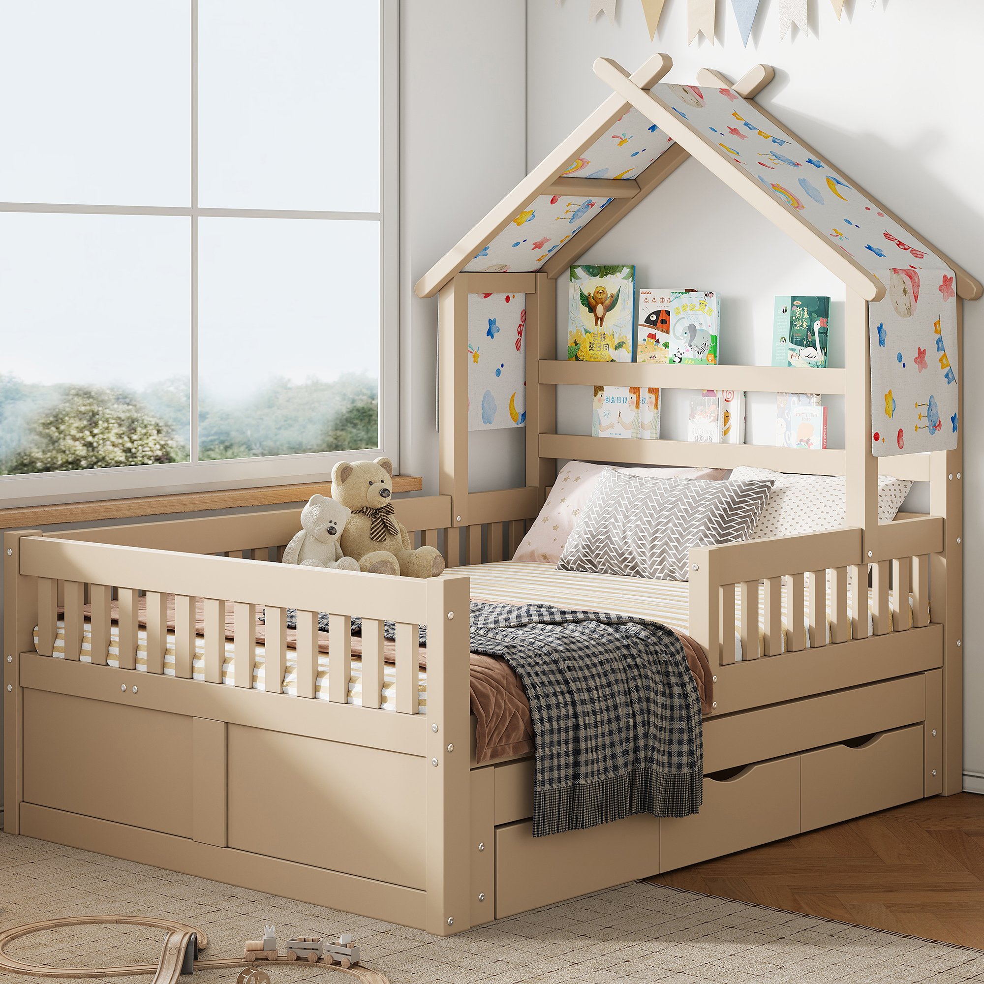 Lit gigogne 140x200 en bois avec rangement, tiroirs et barrières de sécurité, crème