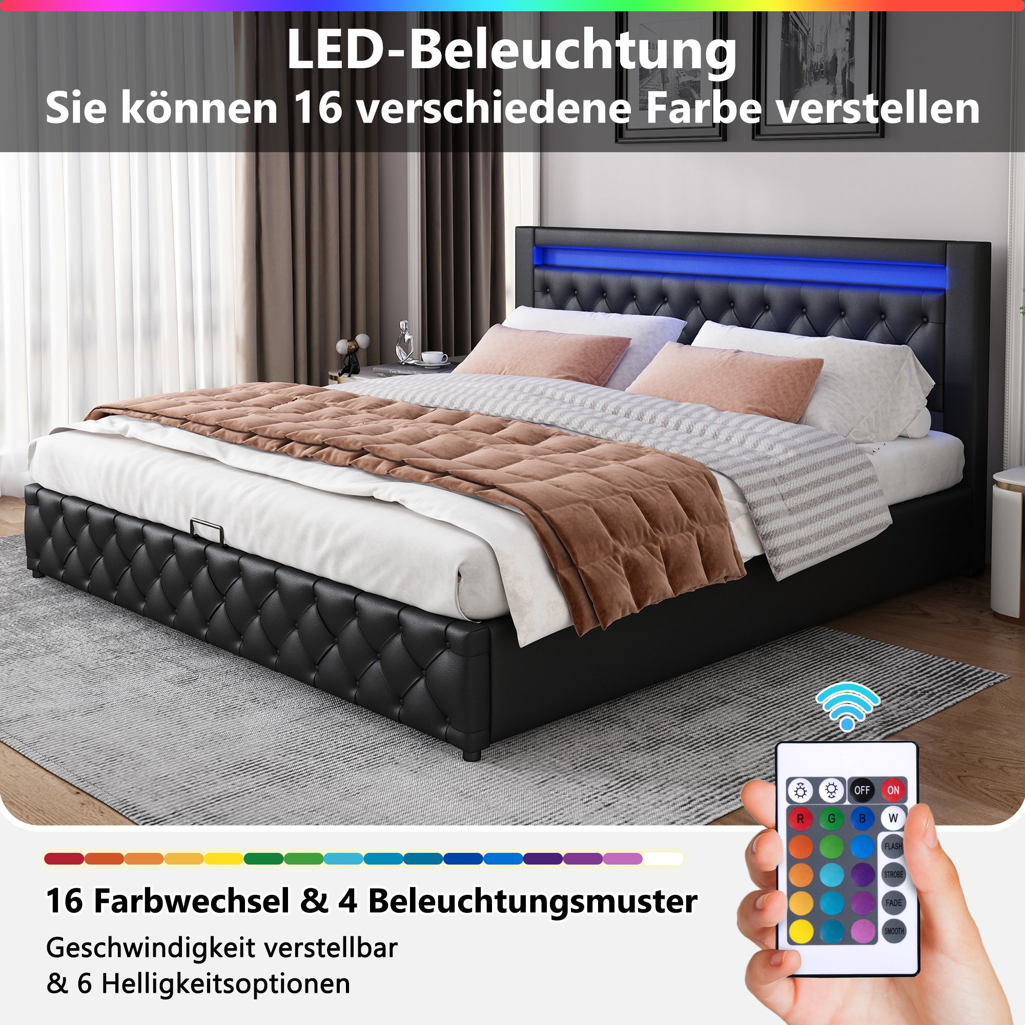 Lit coffre 140x200 cm noir avec LED intégrée dans la tête de lit, grand volume de rangement et montage facile
