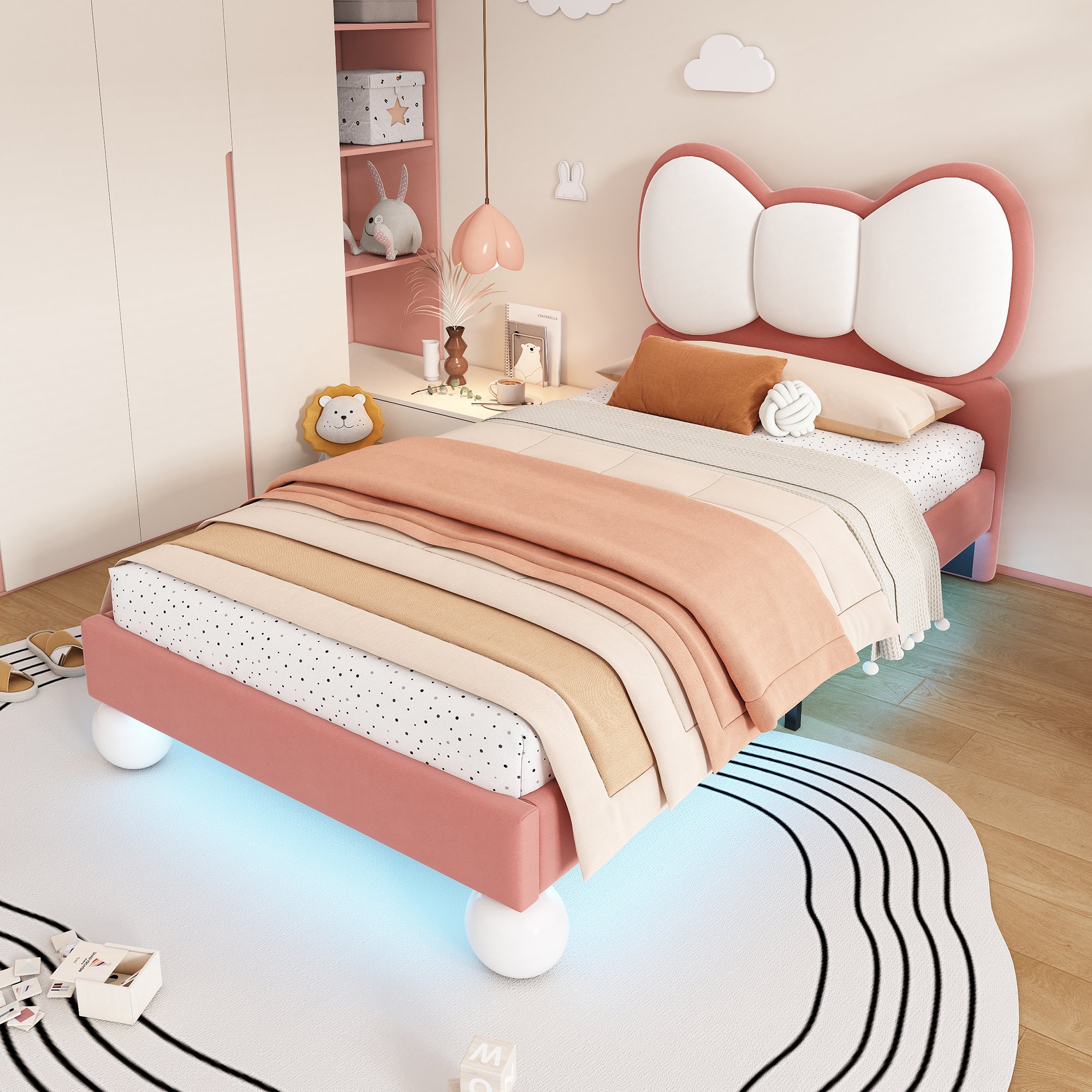 Lit enfant en velours beige et rose, structure en contreplaqué, 90x200, avec LED et sommier à lattes