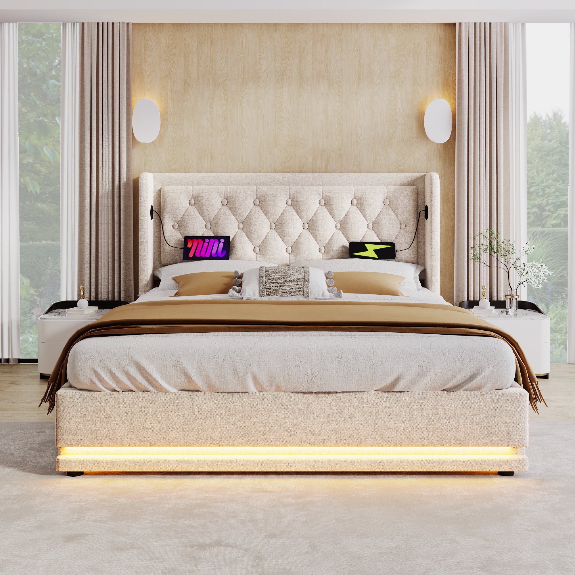 Lit coffre double 140x200 beige en coton avec rangement hydraulique, LED 3 côtés et USB Type-C