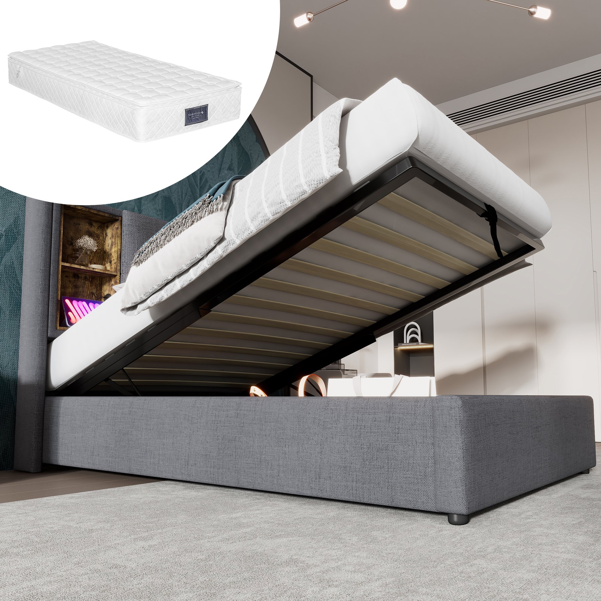 lit coffre 90x200 avec matelas ressorts, rangement profond par vérin à gaz, ports USB et chargeur induction gris