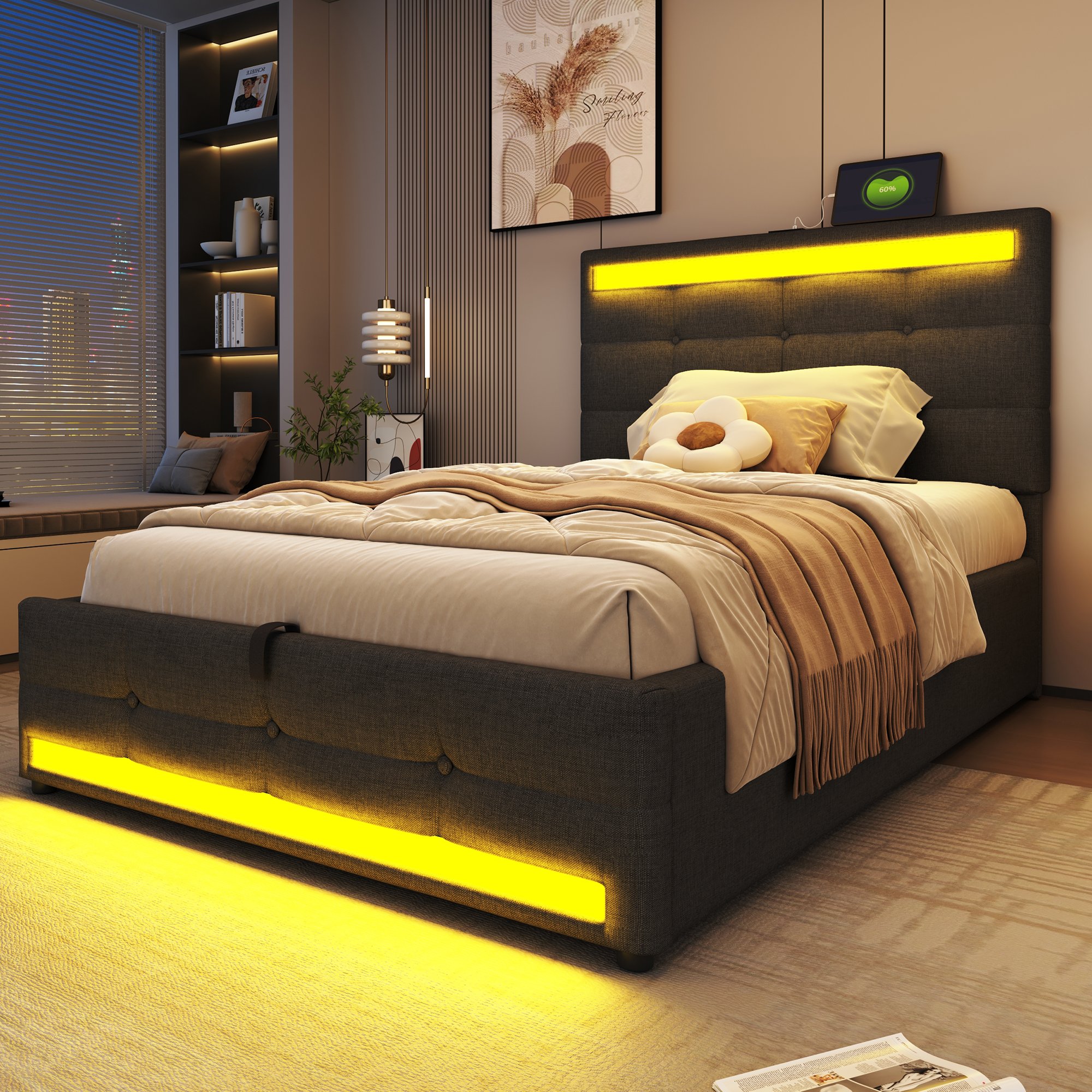 Lit coffre 90x200 avec rangement hydraulique, LED RGB et USB, tête de lit réglable pour un confort optimal