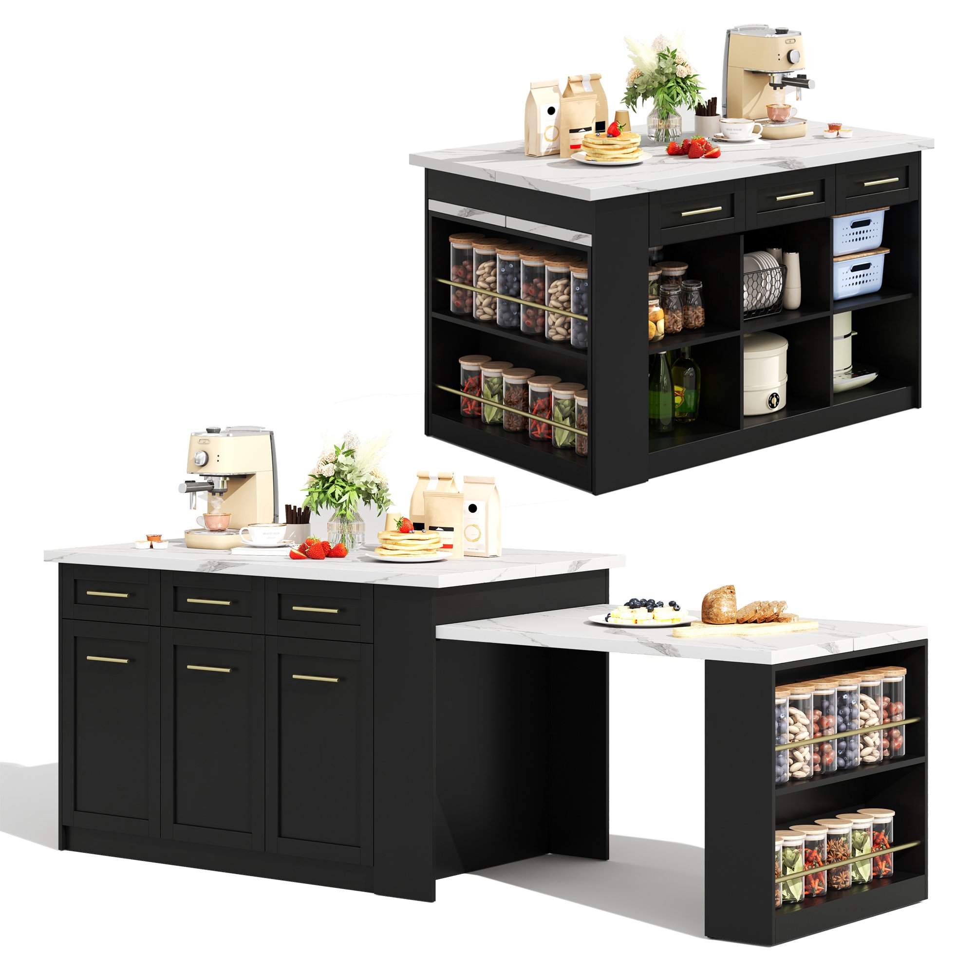 Îlot de cuisine avec table extensible, blanc et noir, plan de travail marbré, rangements intégrés, 150x90x90 cm
