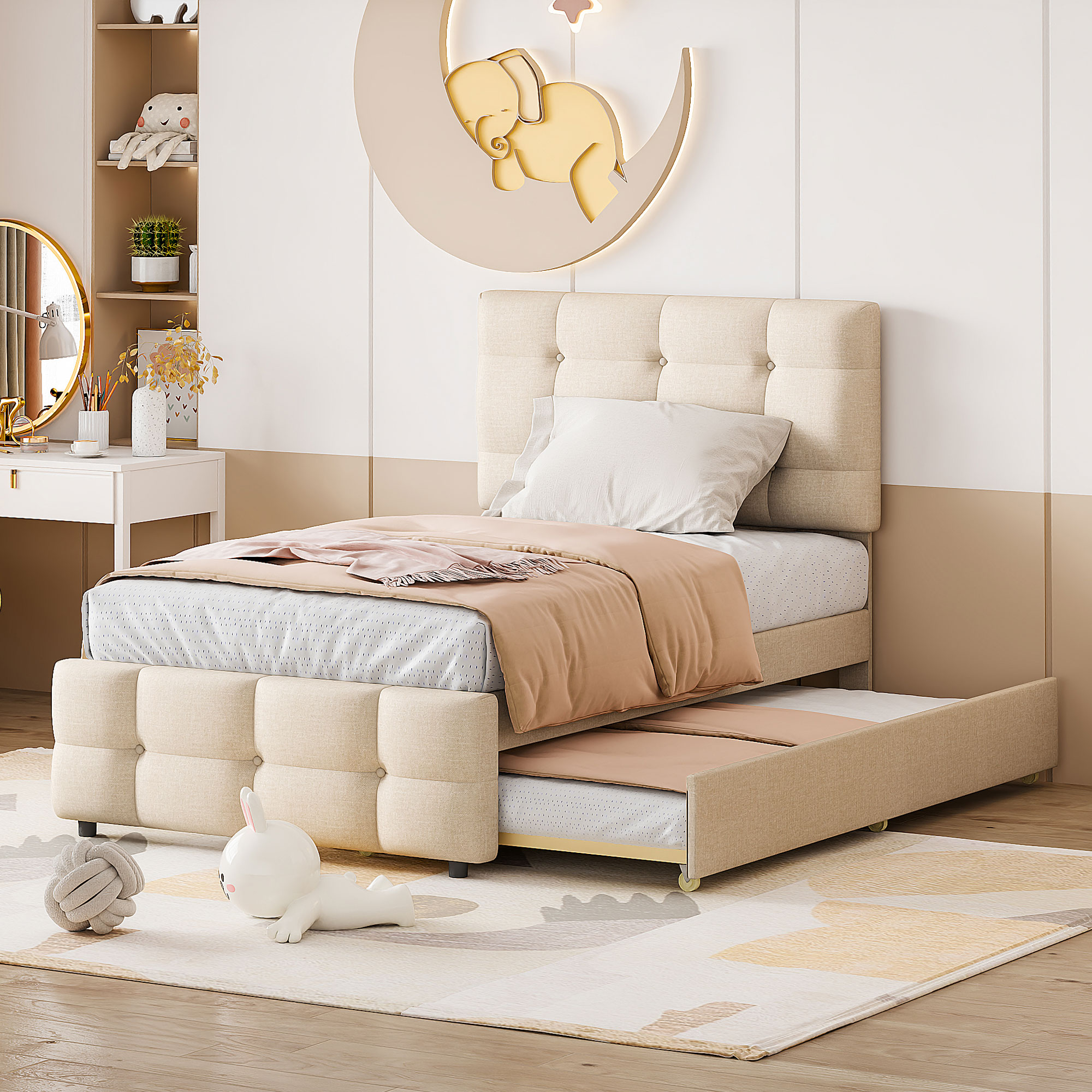 Lit enfant 90x200 cm en lin beige avec tête réglable et lit escamotable, sans matelas