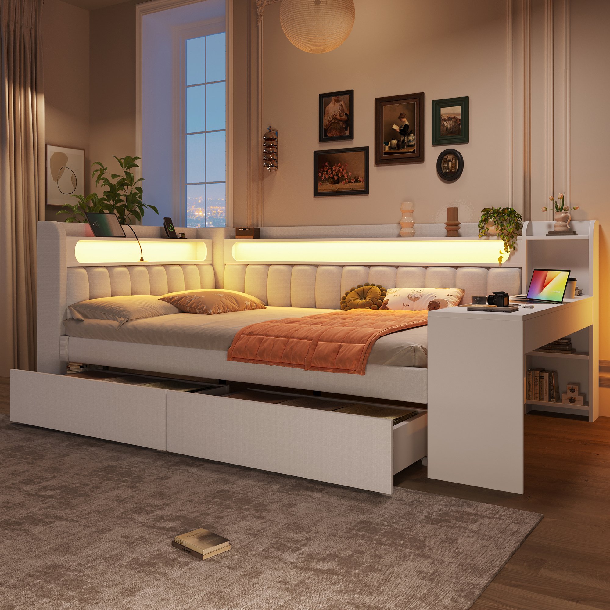 Lit coffre 140x200 avec LED et USB, bureau intégré et rangements
