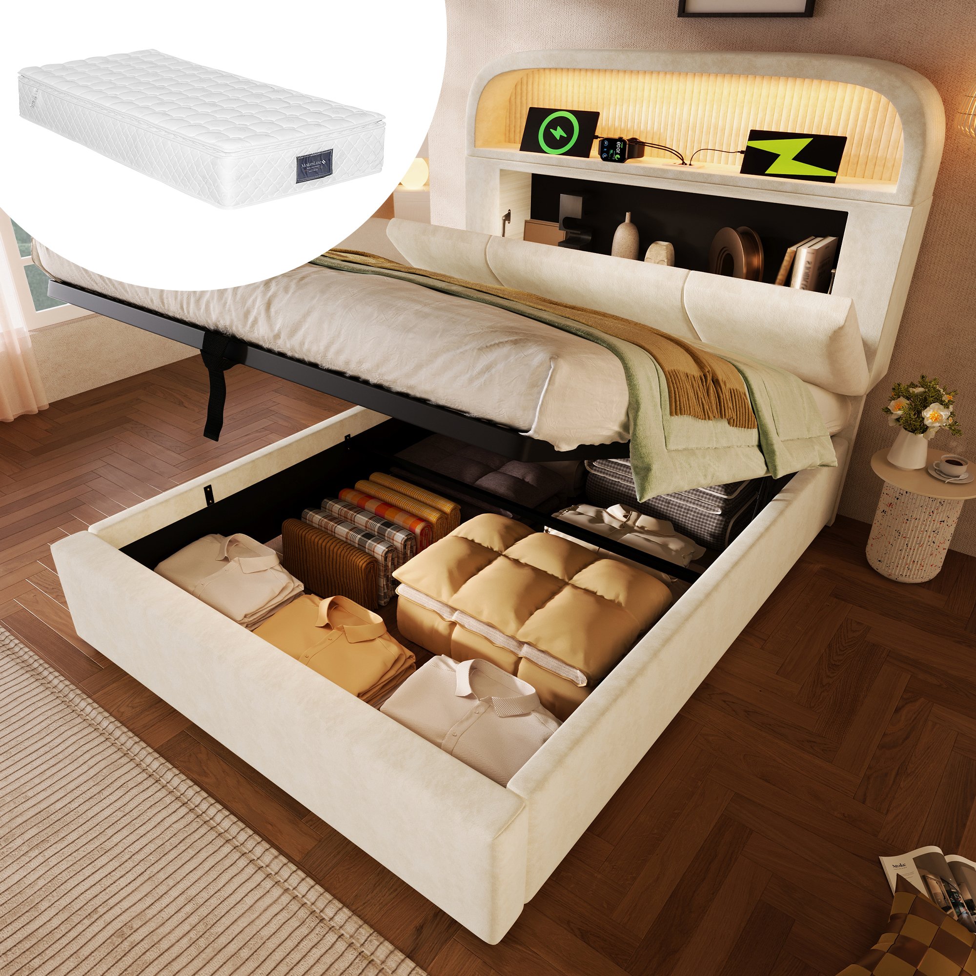 lit coffre 90x200 avec matelas, velours beige, rangement hydraulique, LED RGB et ports USB pour chambre moderne