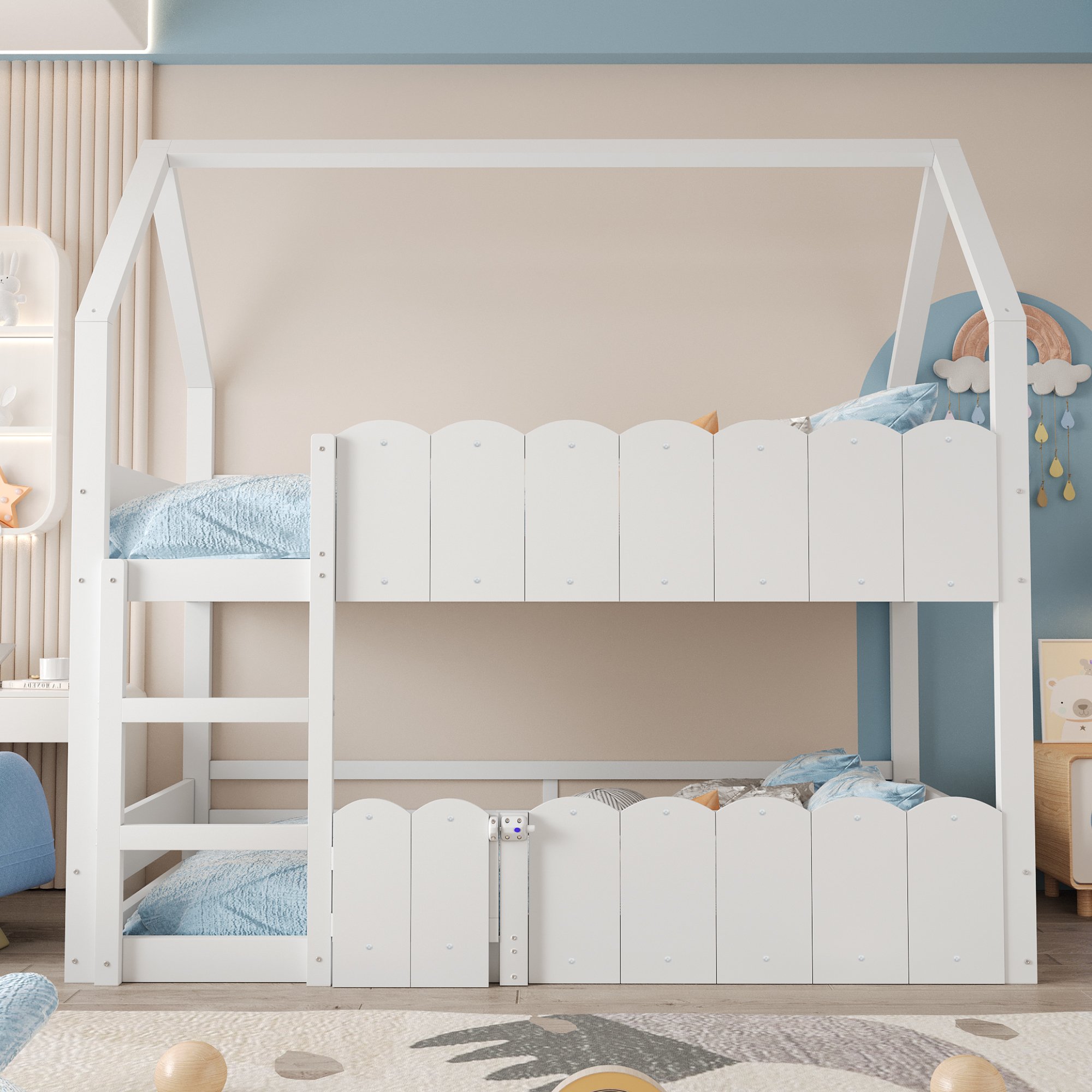 Lit superposé enfant 90x200 cm en bois blanc avec échelle et barrières de sécurité, design maison