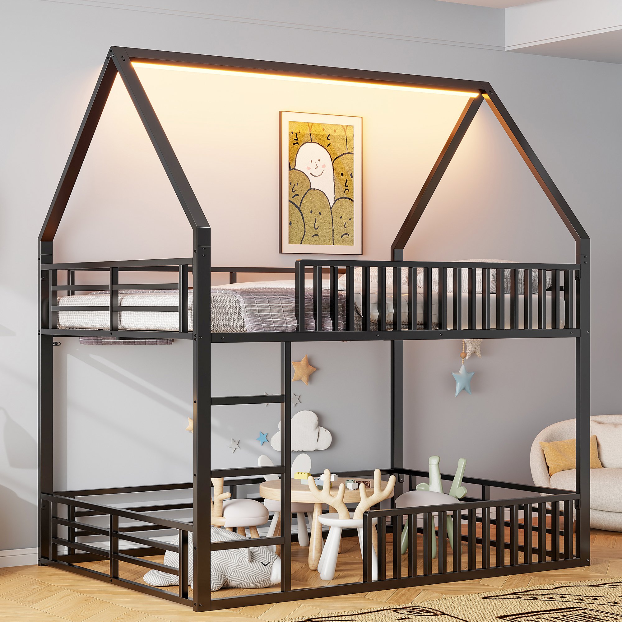 Lit superposé 140x200 en métal noir avec LED et garde-corps, lit maison pour enfant