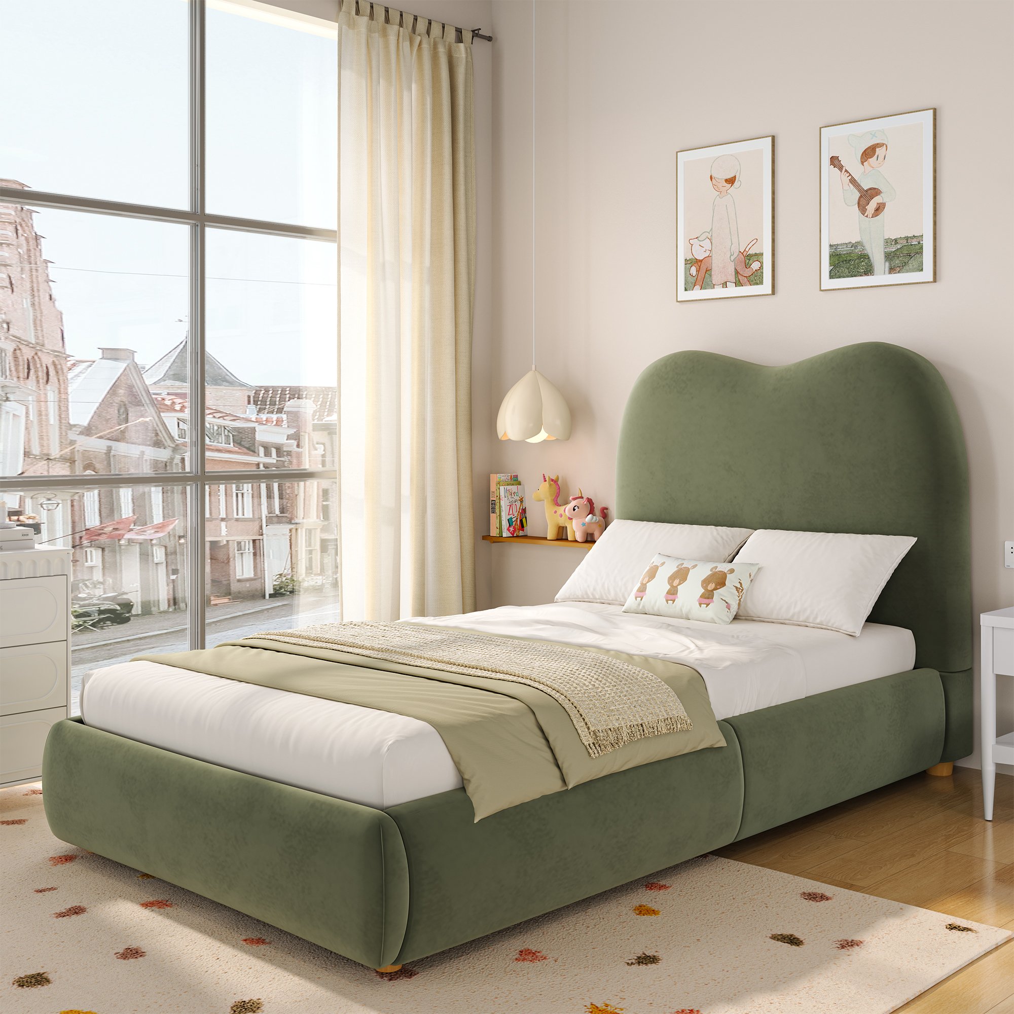 Lit coffre simple 90x200 vert velours avec rangement hydraulique caché, idéal pour chambre d'enfant, montage facile en 2 colis