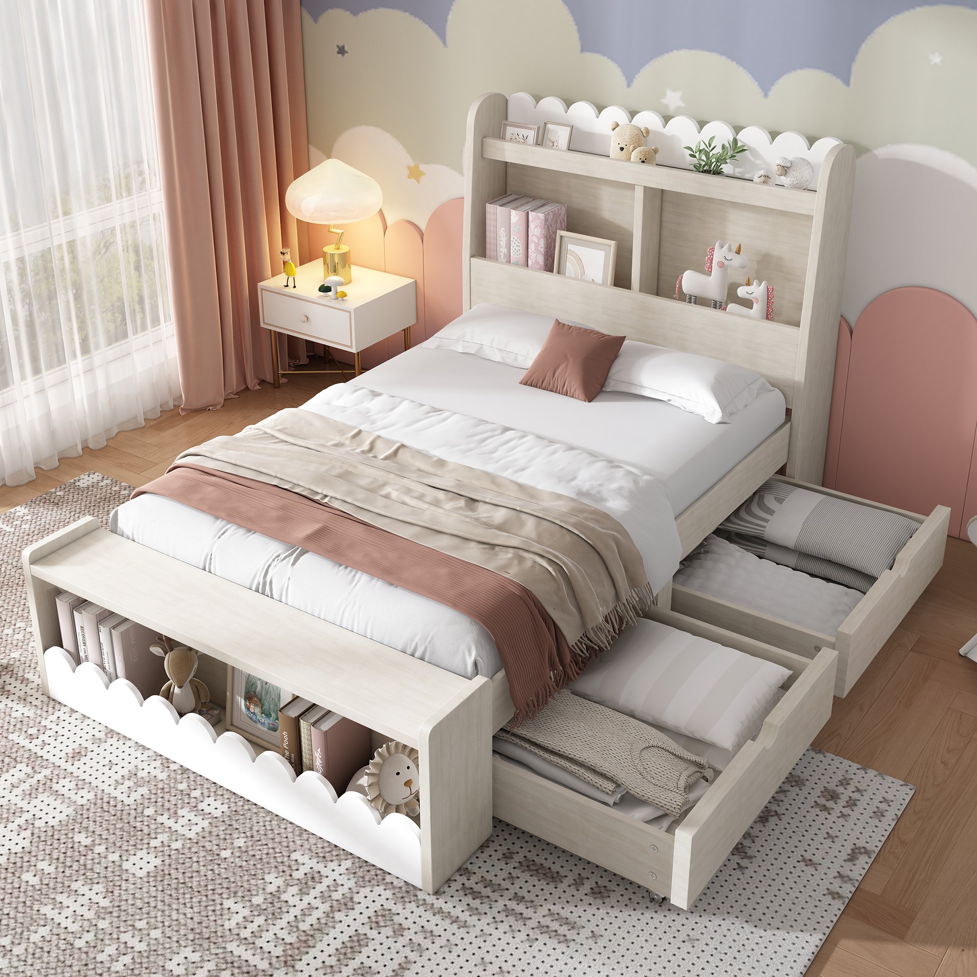 lit enfant avec tiroirs et rangement, lit coffre 90x200 en bois blanc et chêne clair avec banc intégré et étagères, sommier à lattes inclus