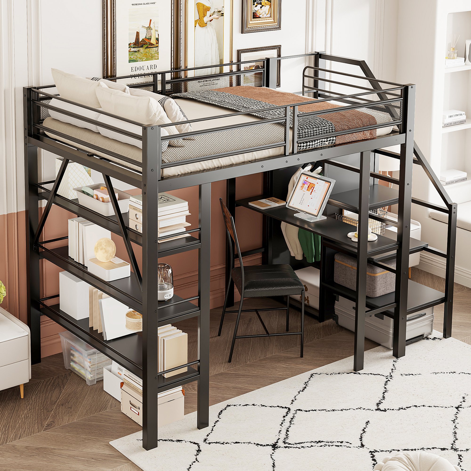 Lit mezzanine avec bureau intégré et rangements, 140x200, échelle sécurisée