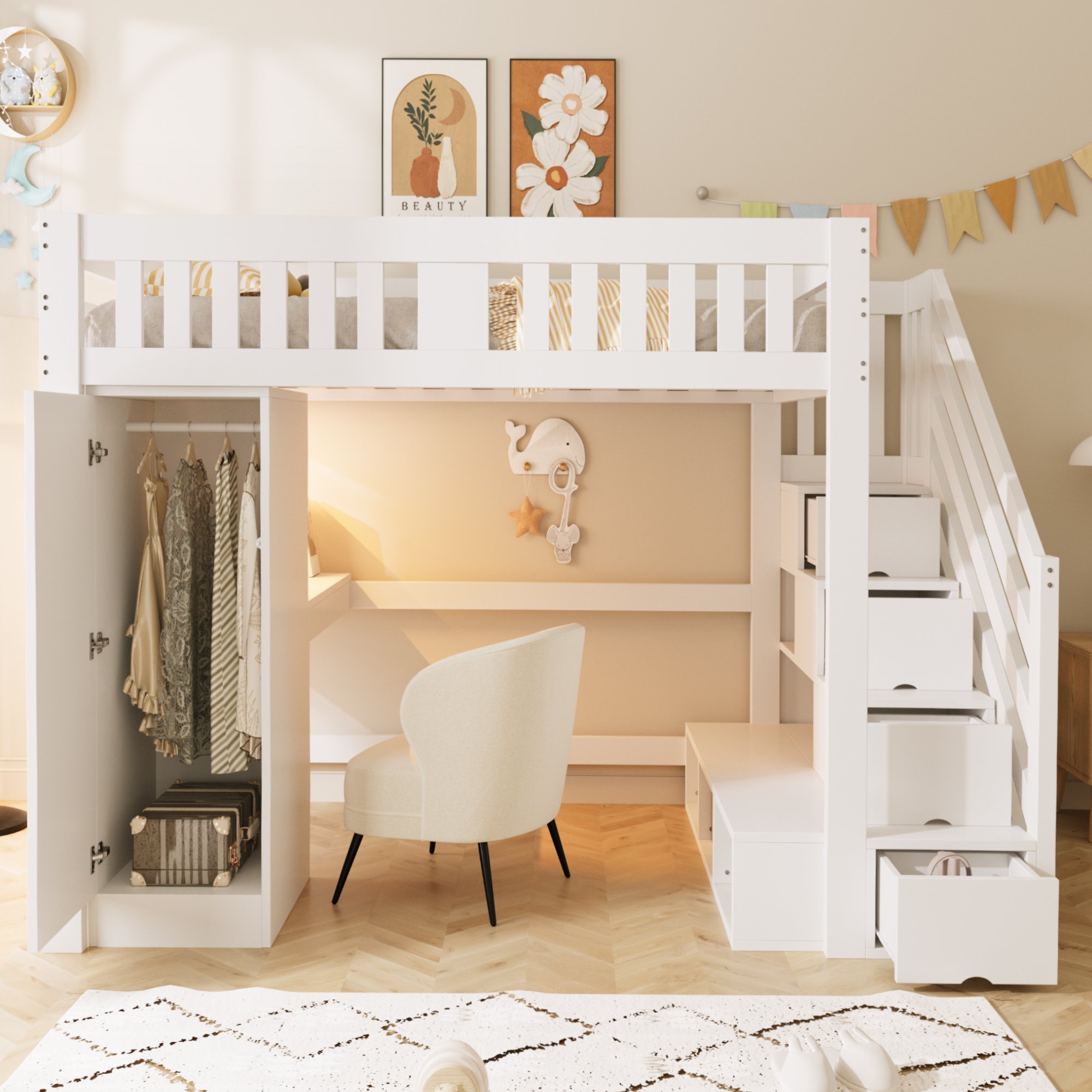 Lit mezzanine avec escalier à tiroirs, bureau avec prise, LED multicolore et rangements