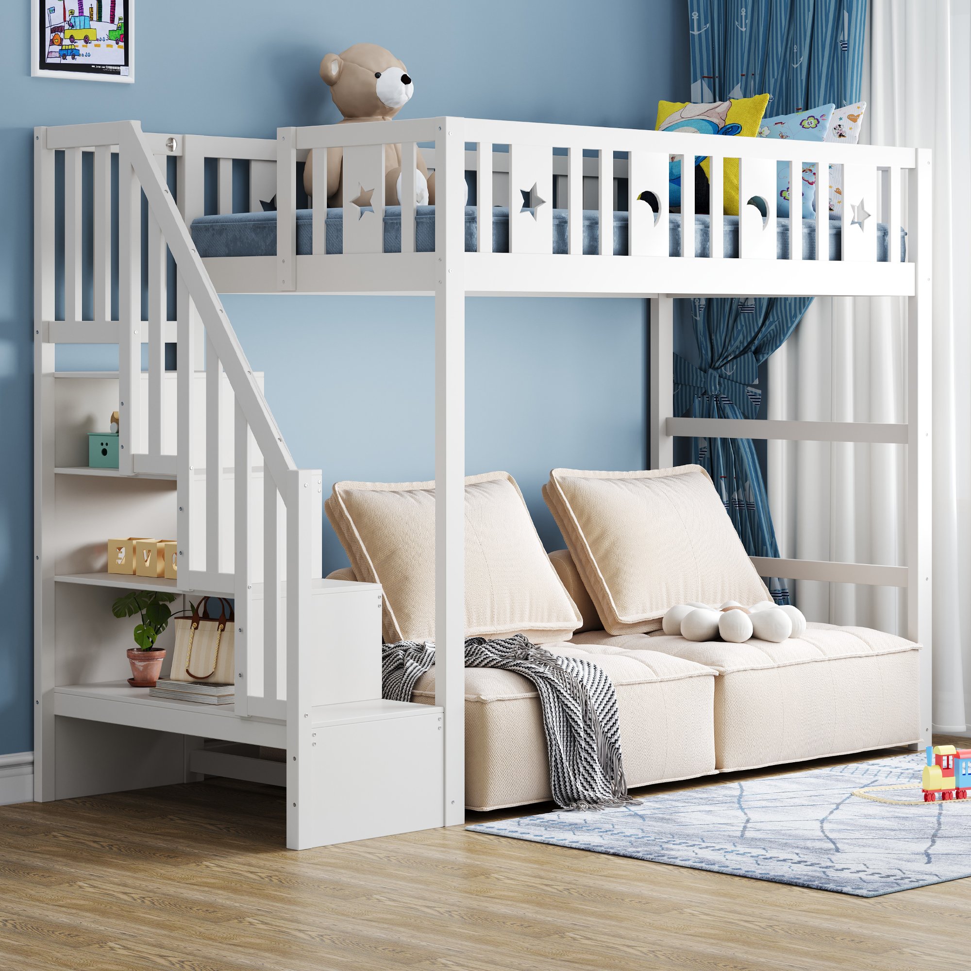 Lit superposé enfant 90x200 avec escalier, rangement et coin lecture, bois massif blanc