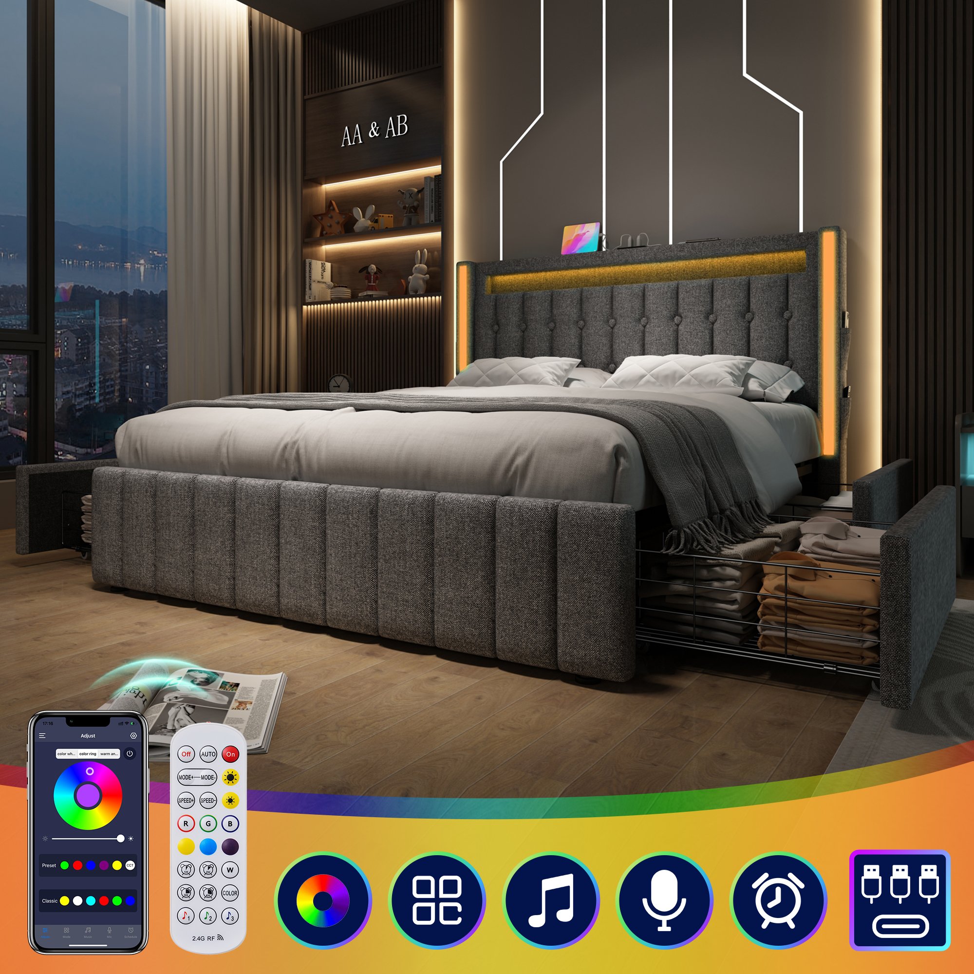Lit coffre 140x200 gris avec sommier à lattes, LED et USB, 4 tiroirs de rangement pour chambre adulte
