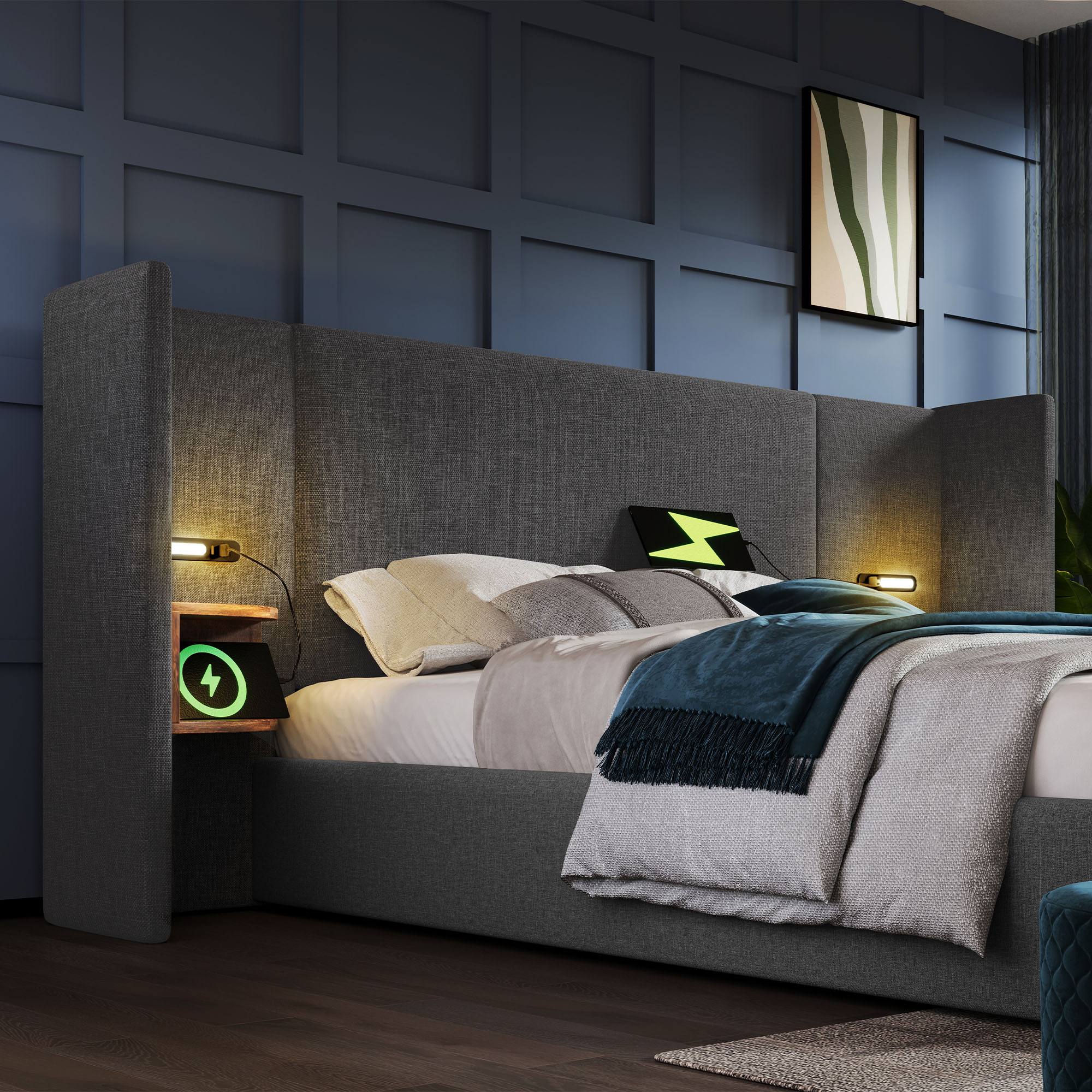 lit coffre double 180x200 gris avec rangement hydraulique, tête de lit multifonction LED tactile et ports USB Type-C