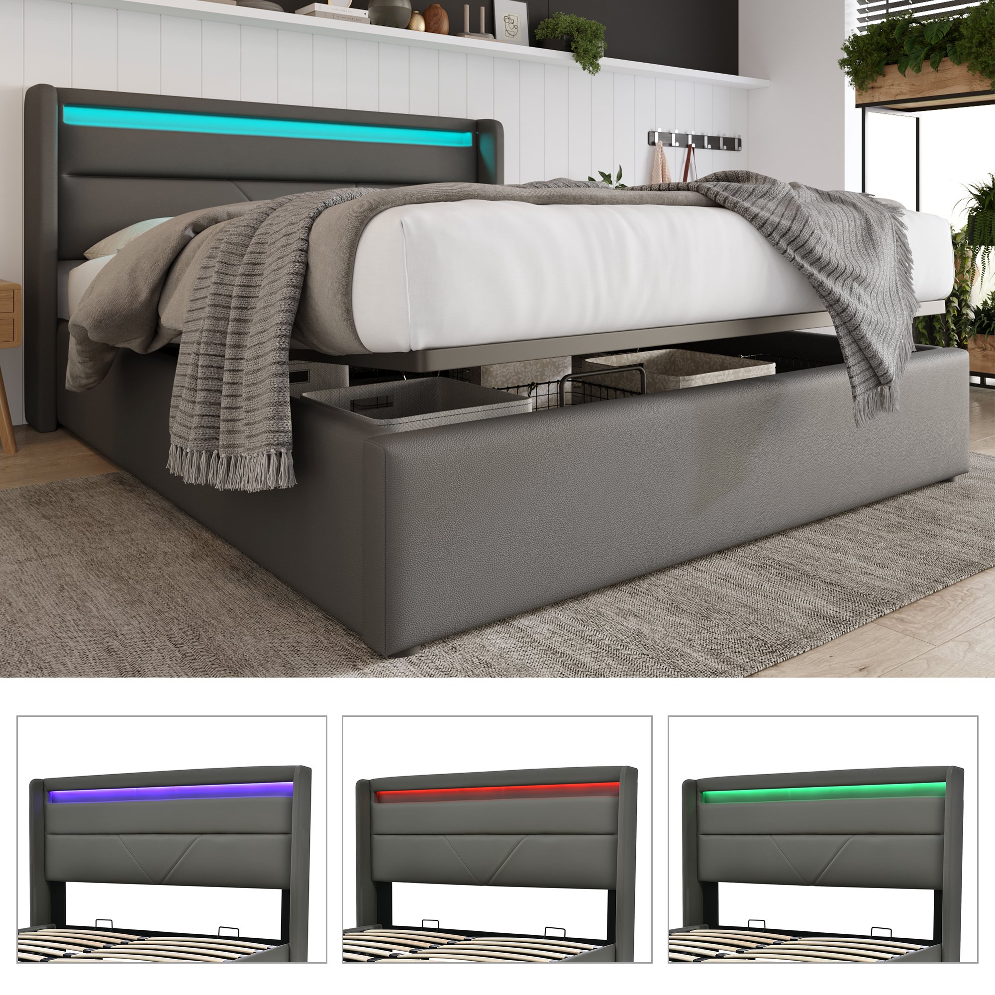 Lit coffre 140x200 avec matelas, lit double gris rembourré avec LED et rangement hydraulique