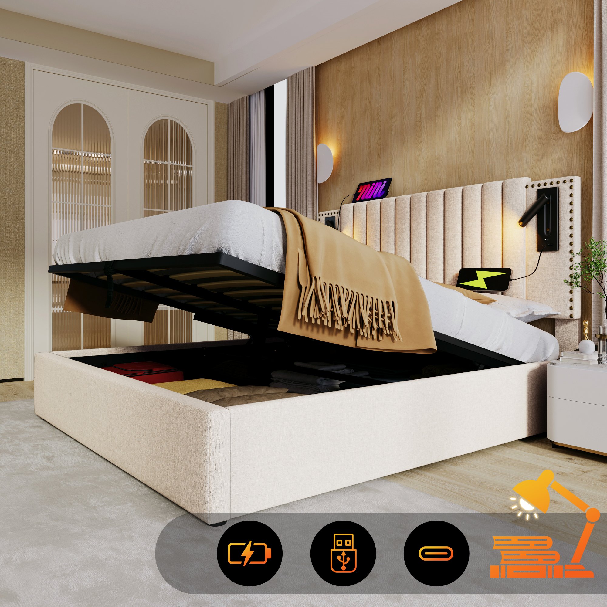lit coffre 160x200 beige, tête de lit rembourrée avec LED et USB, coffre de rangement hydraulique, sommier à lattes inclus