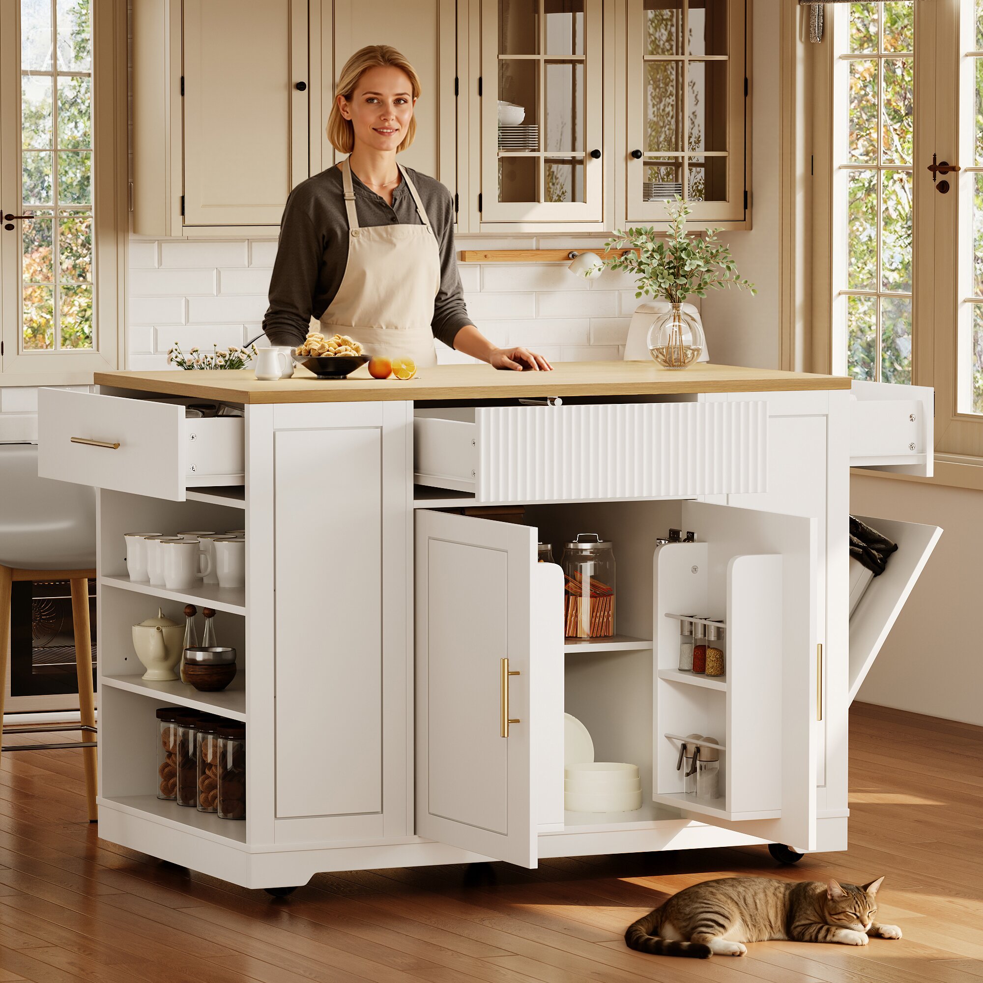 Îlot de cuisine en Panneau composite de fibres de bois à densité et métal, blanc, avec 2 portes, 3 tiroirs, roulettes 360° et poubelle intégrée, 120x50x92 cm