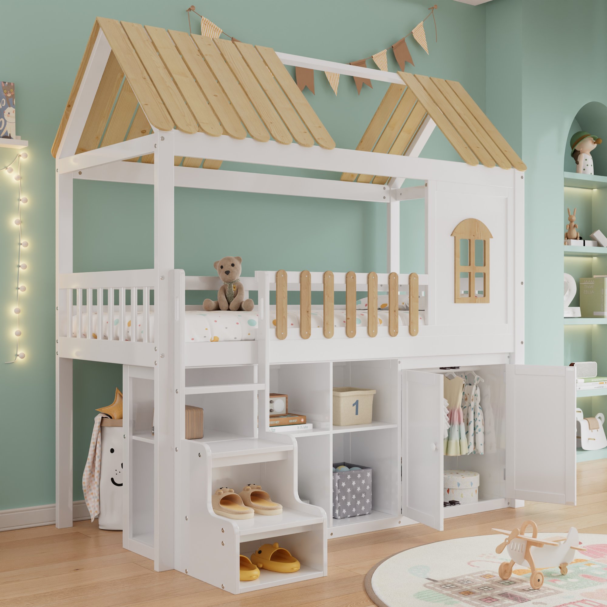 Lit superposé 90x200 en pin massif blanc et naturel avec rangement, armoire et échelle
