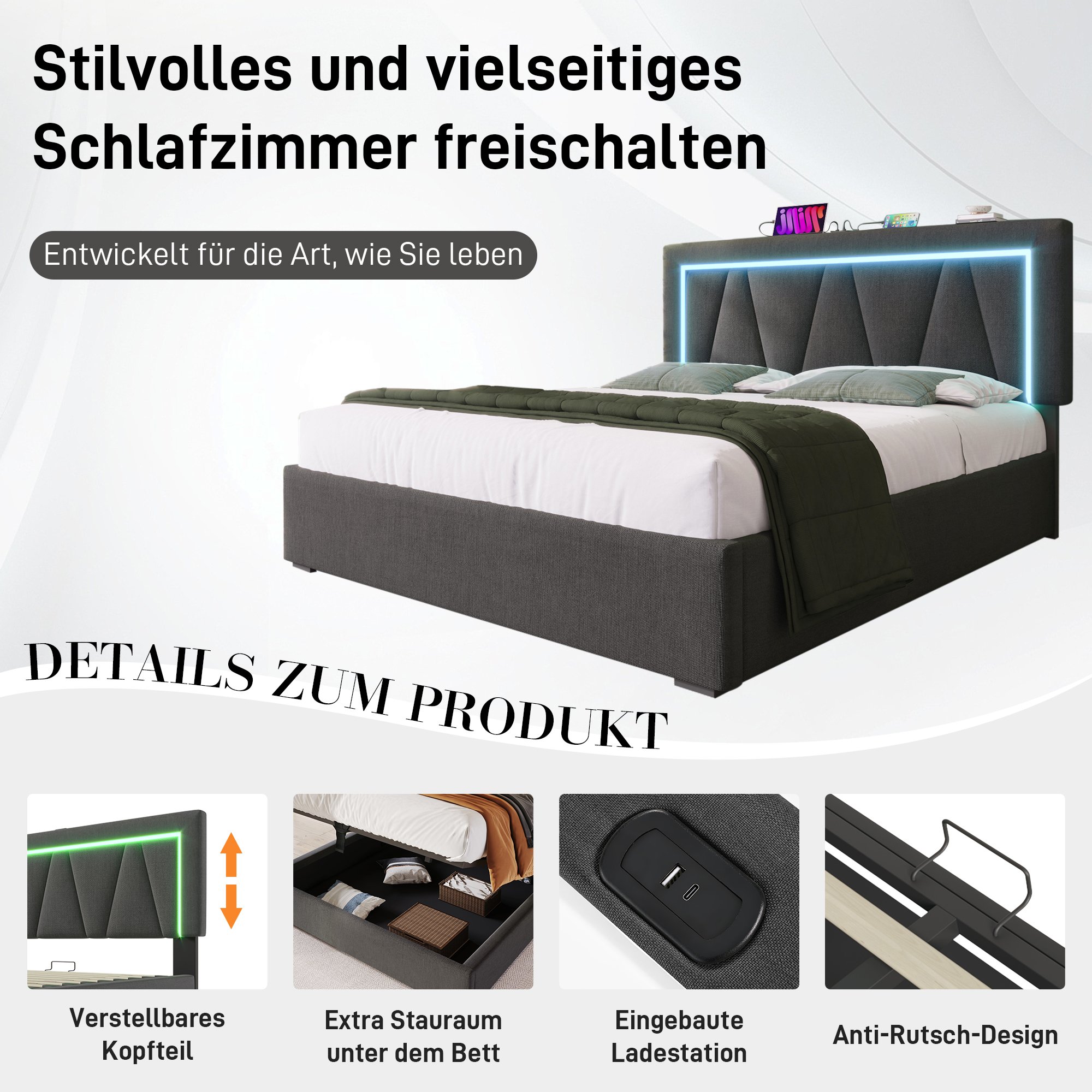 Lit double rembourré 140x200 avec LED, USB Type-C, sommier à lattes et rangement hydraulique gris lin