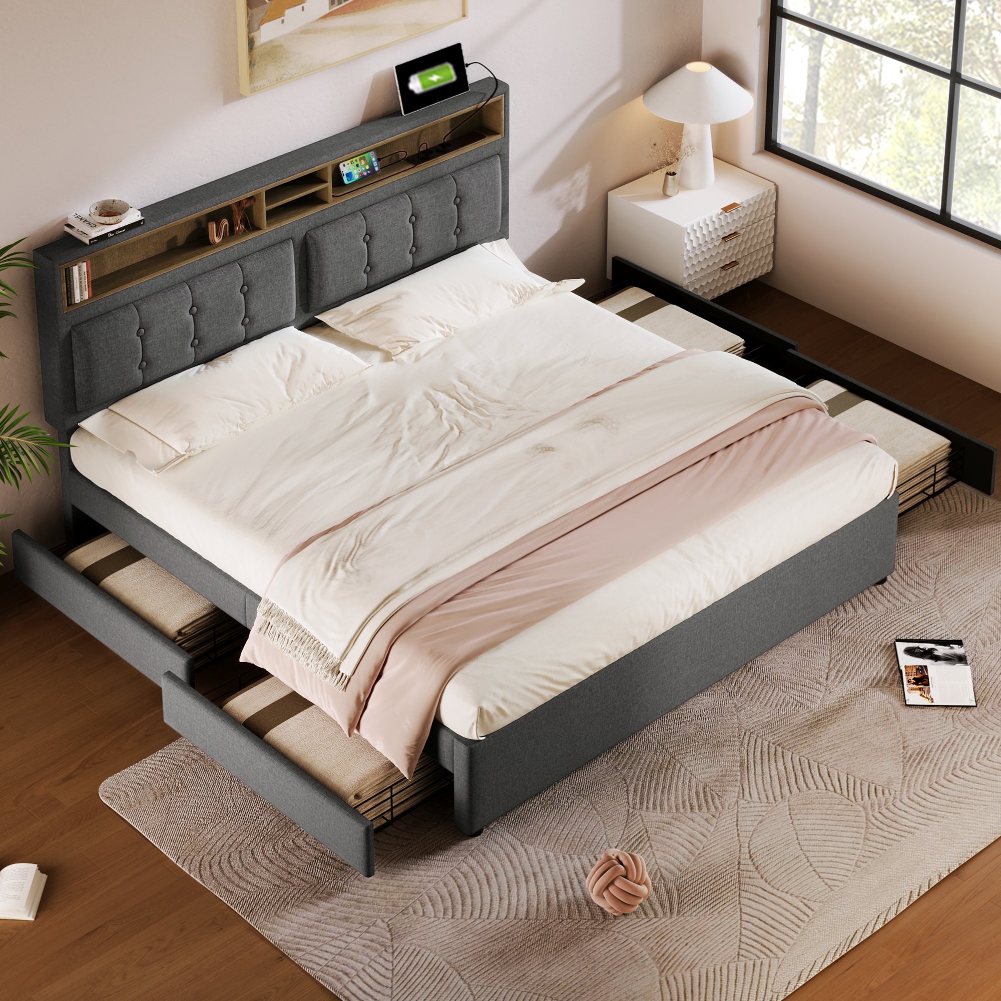 Lit double rembourré 140x200 avec sommier et matelas, lit coffre gris 4 tiroirs USB
