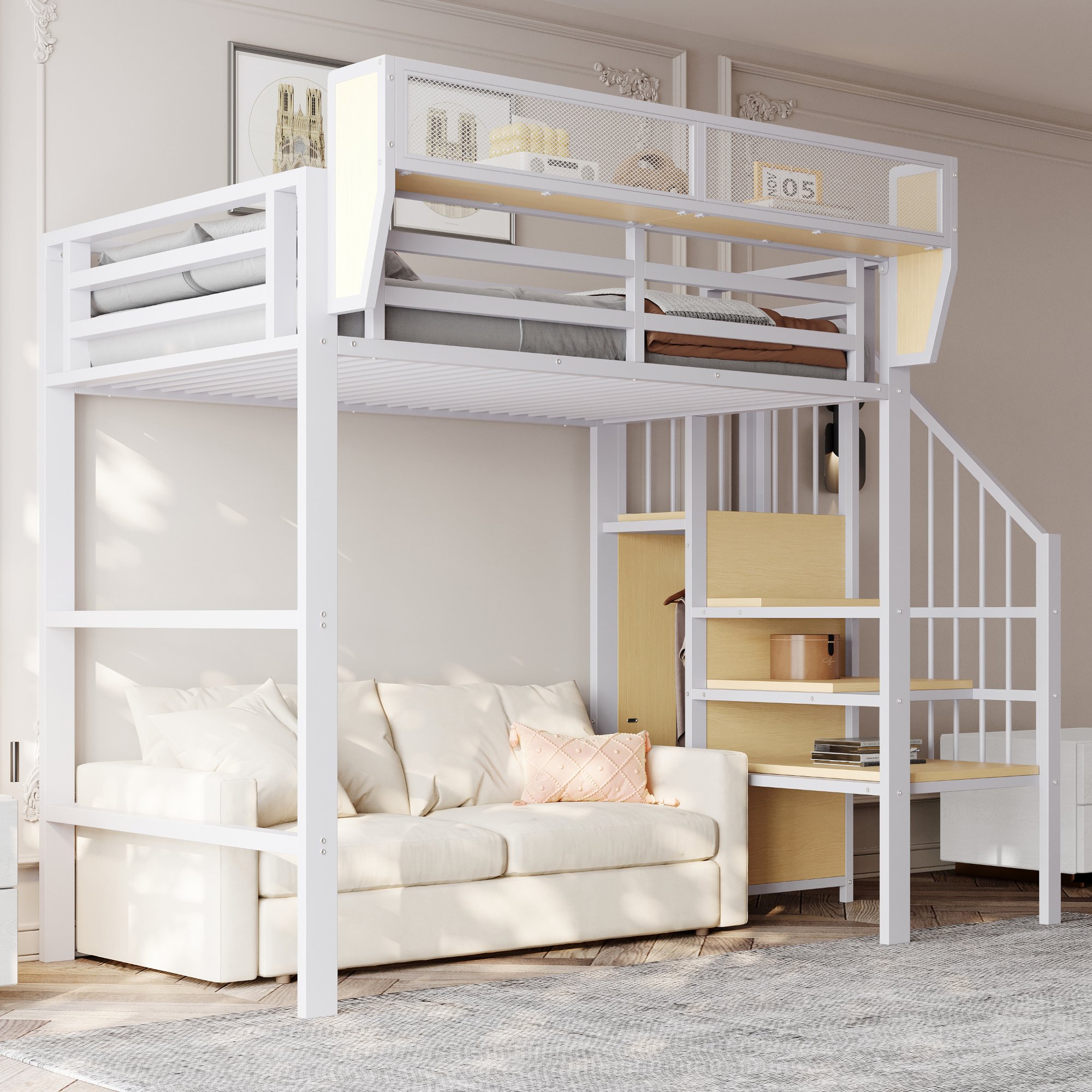 Lit mezzanine 90x200 en métal blanc avec échelle de sécurité et rangement flexible