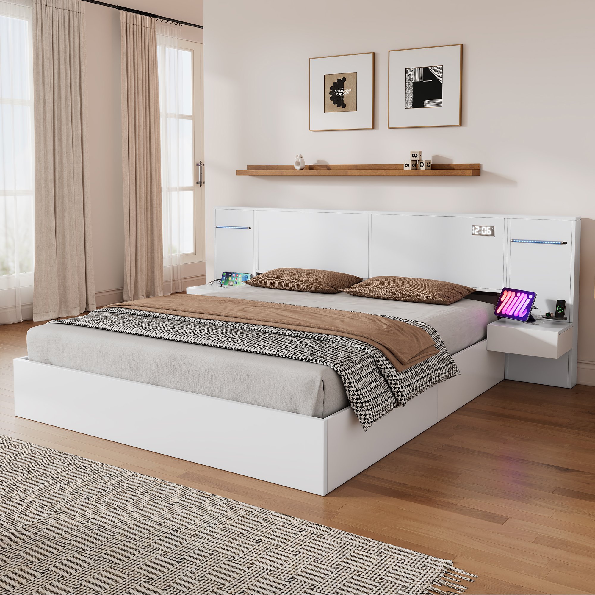 Lit double 180x200 LED avec USB et Bluetooth, cadre blanc Panneau composite de fibres de bois à densité, sommier lattes, tables de chevet, sans tiroirs ni matelas