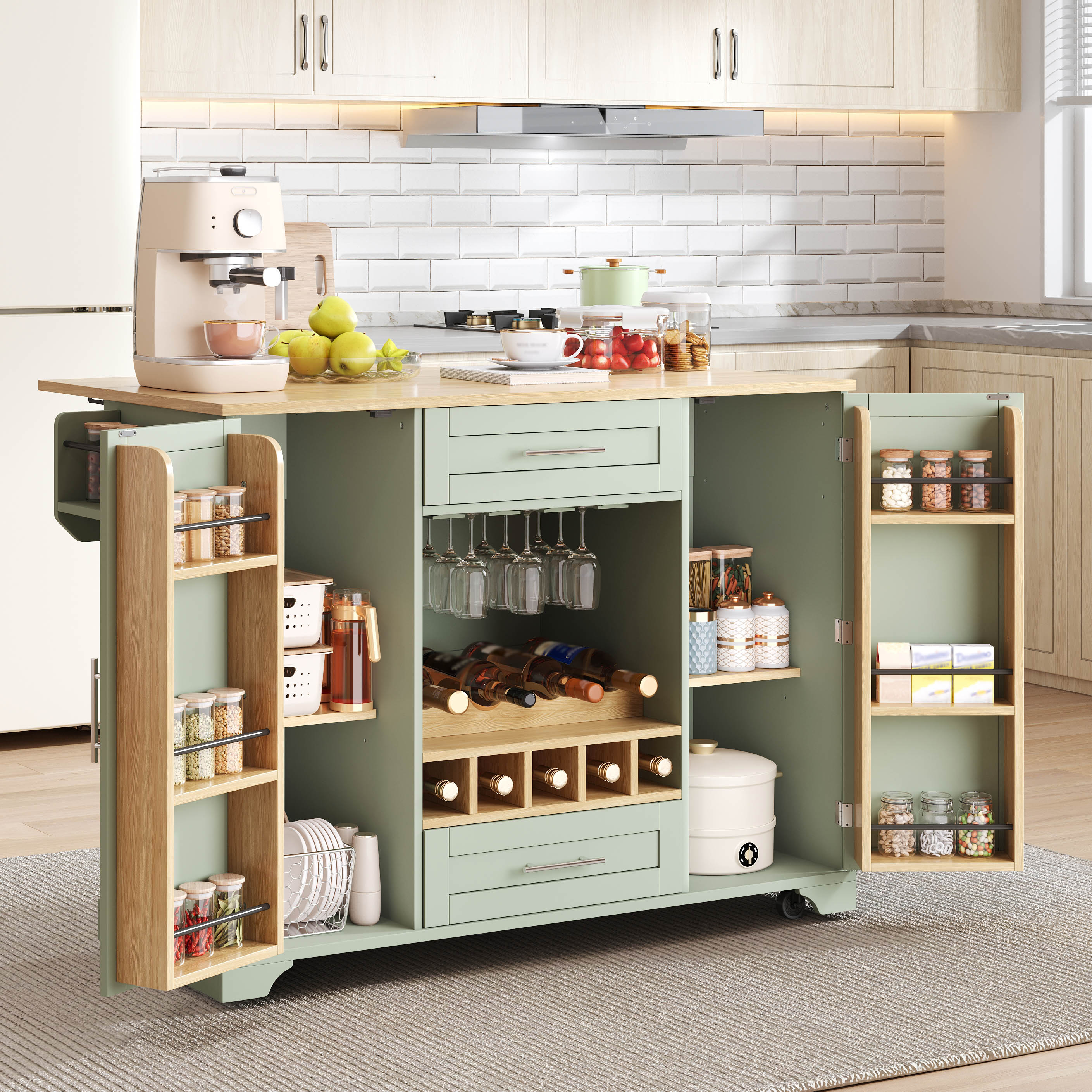 Îlot de cuisine en Panneau composite de fibres de bois à densité, vert antique, avec plan de travail rabattable, 2 tiroirs, étagère à vin, 120x45/70x92cm, sur roulettes