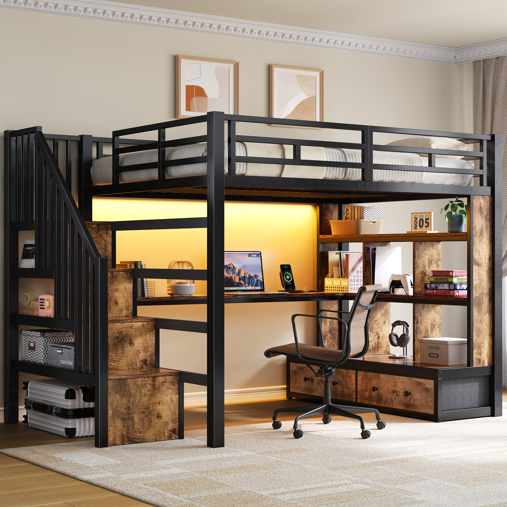 Lit mezzanine 140x200 avec bureau intégré, échelle et rangements, noir