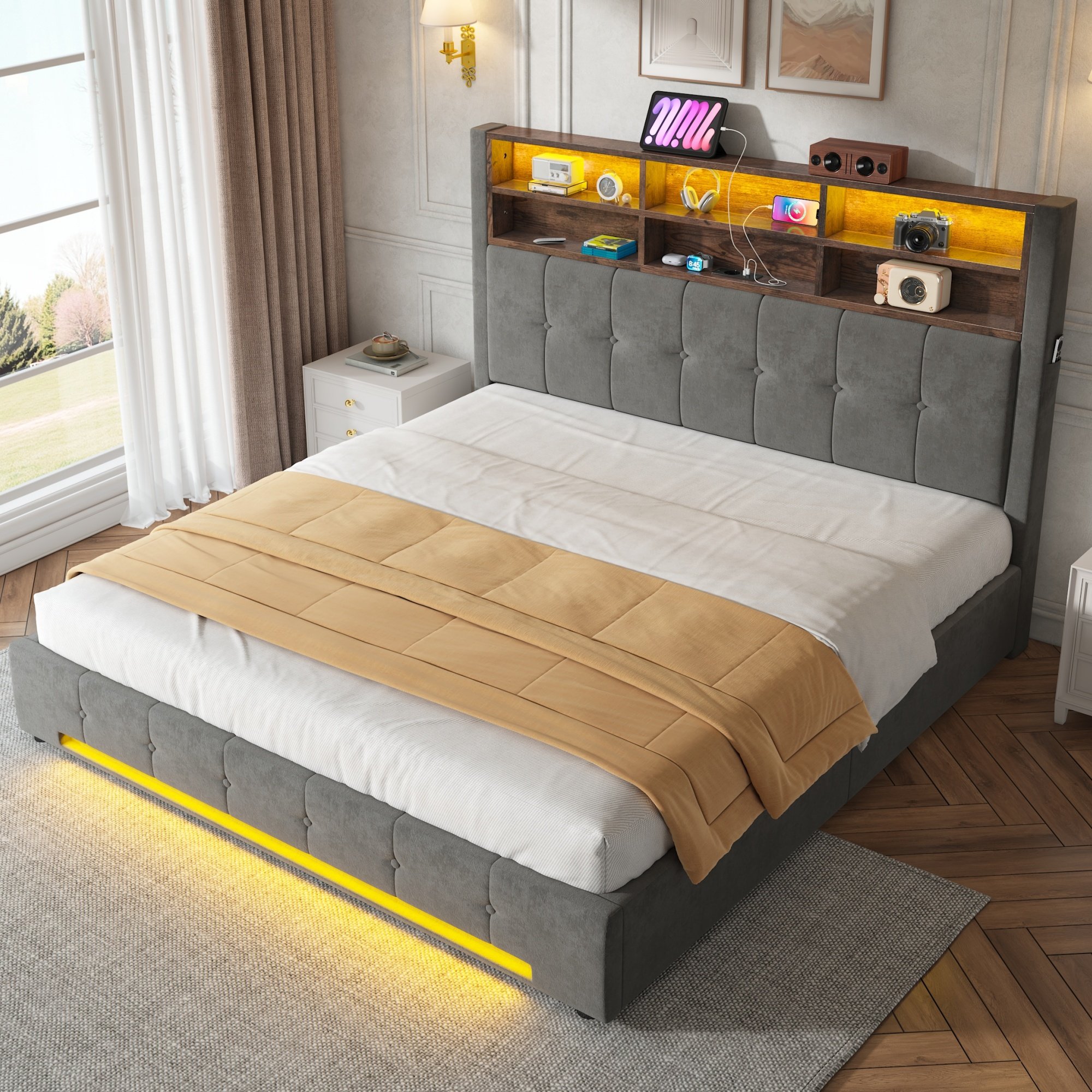 Lit coffre 180x200 pour 2 personnes, avec tête de lit multifonction et rangement sous le lit