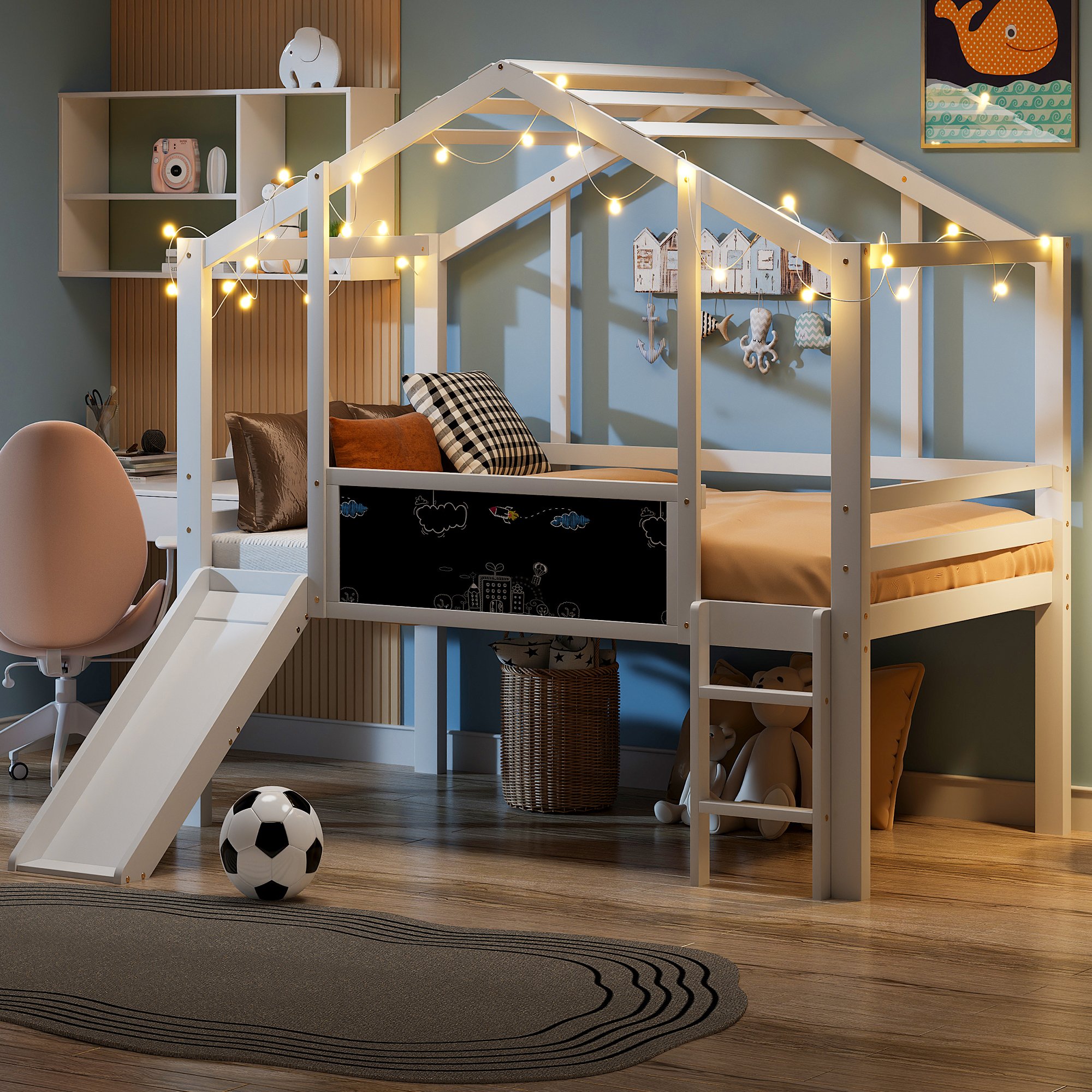 Lit mezzanine enfant 90x200 avec toboggan et tableau, bois massif blanc, échelle sécurisée