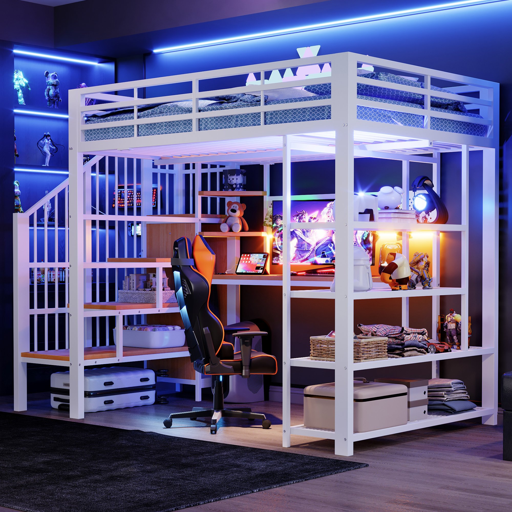 Lit mezzanine 140x200 blanc métal avec bureau, rangements, LED et prises intégrées