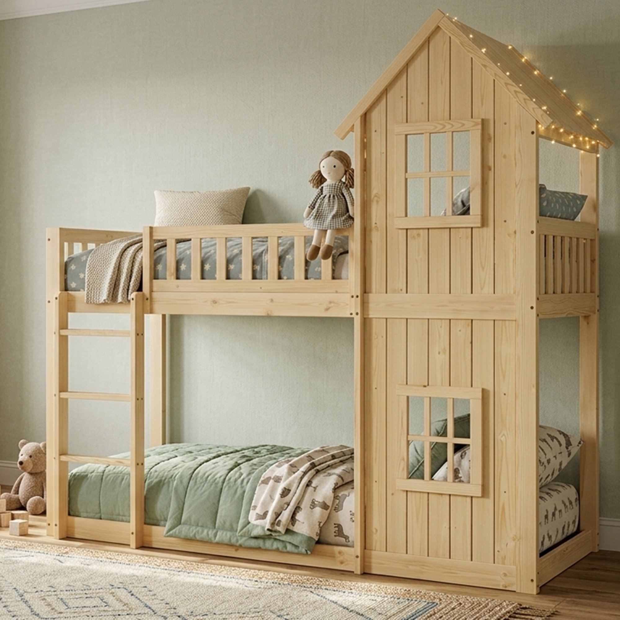 Lit superposé enfant 90x200 en pin naturel avec escalier et fenêtres
