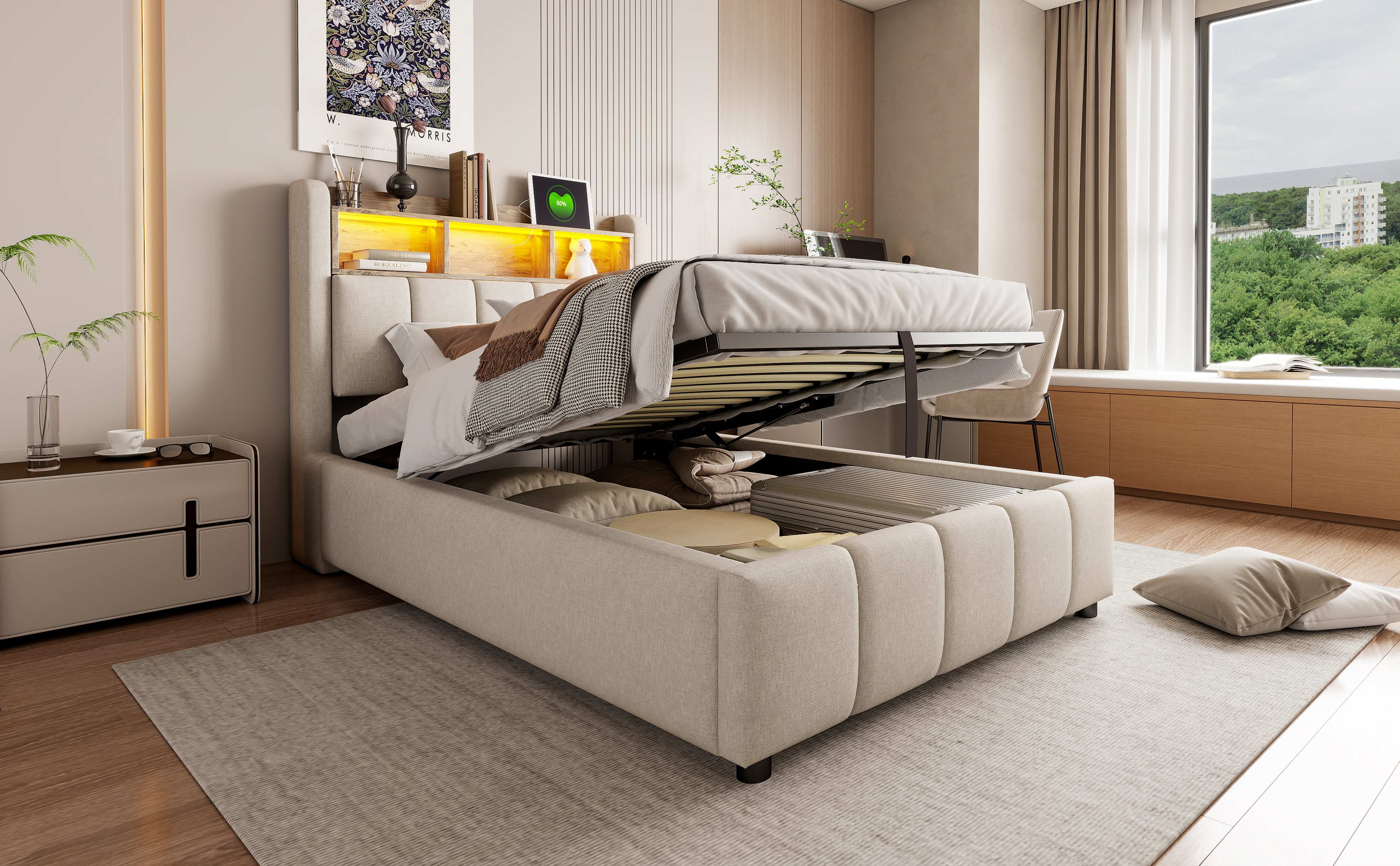 Lit coffre 90x200 en tissu lin beige, structure métallique et Panneau composite de fibres de bois à densité, avec sommier à lattes et rangement hydraulique