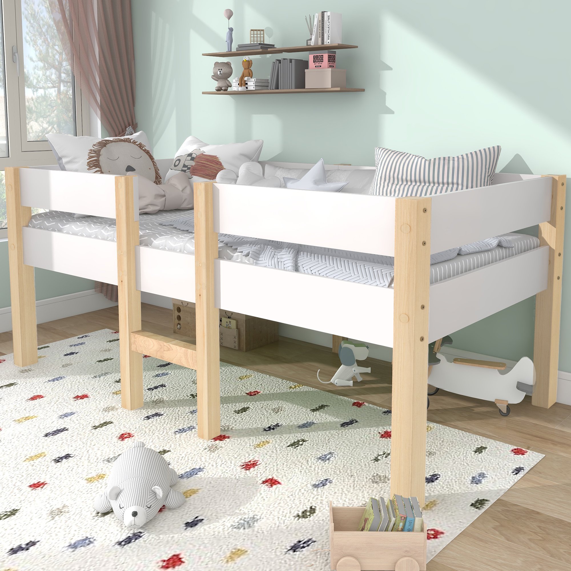 Lit mezzanine enfant 90x200 pin massif blanc avec barrière de sécurité et échelle, lit mi-hauteur avec sommier à lattes