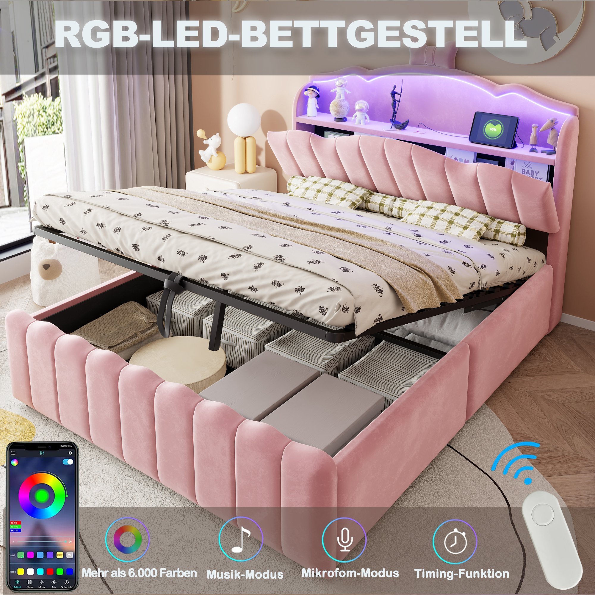 Lit coffre enfant 140x200 avec rangement hydraulique, tête de lit relevable et éclairage LED, ports USB et USB-C