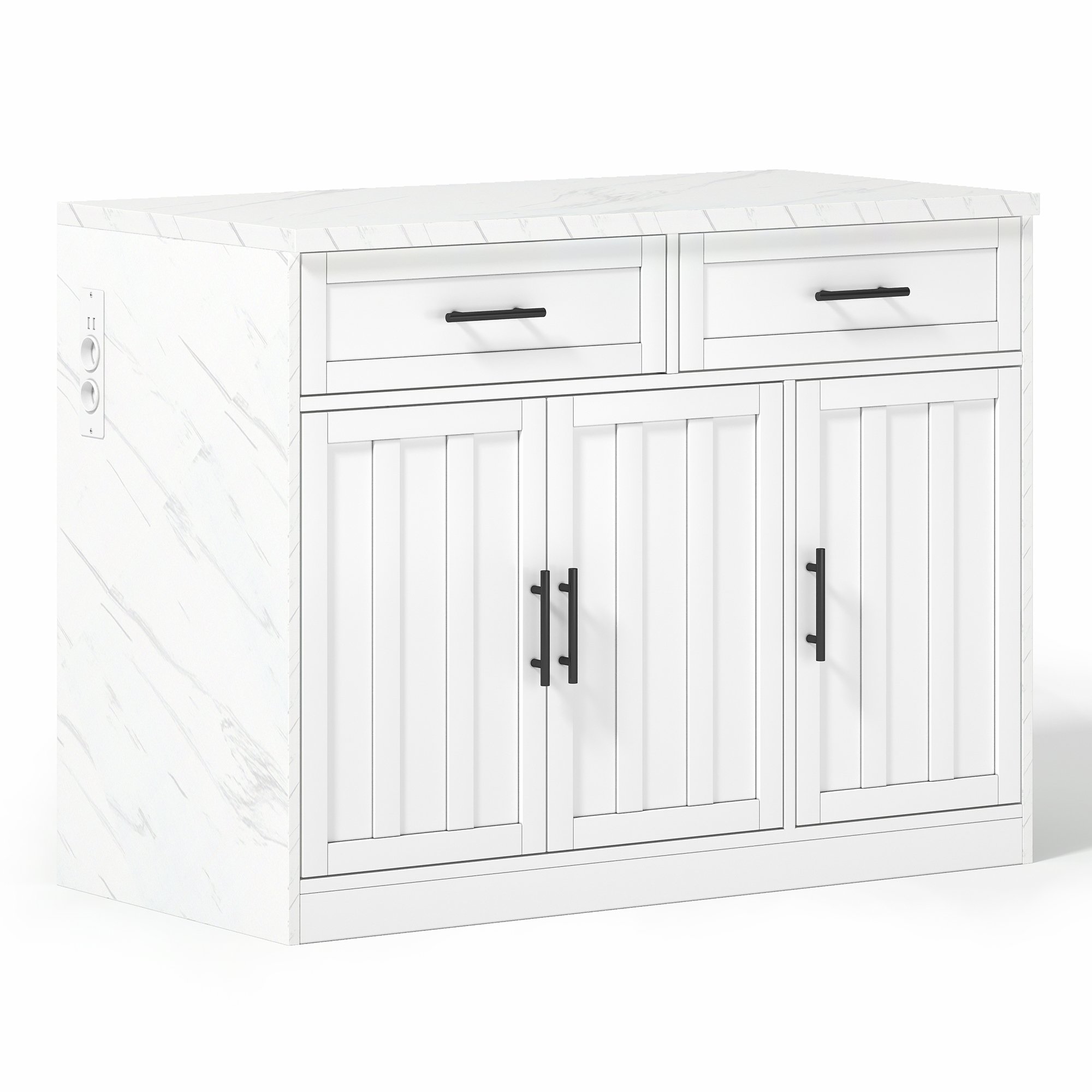 Petit îlot de cuisine blanc avec rangement, prises, bar et porte-serviettes, 120x60x91 cm, Panneau composite de fibres de bois à densité, pour appartement
