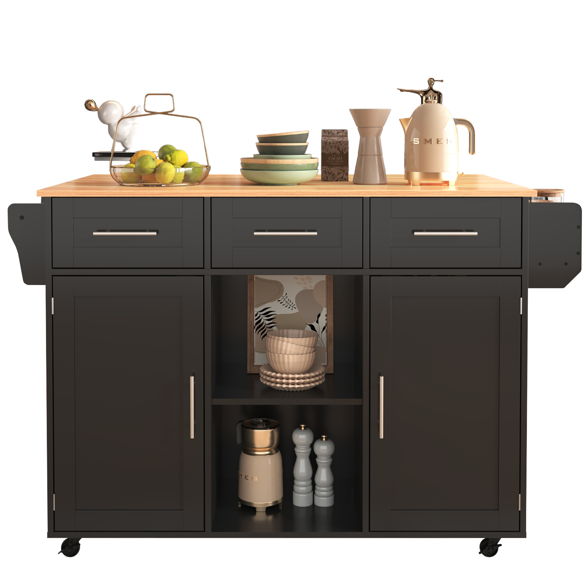 Îlot de cuisine 139x46(71)x91,5 cm, avec plan de travail rabattable, rangements, roulettes, pieds en bois massif, noir et bois