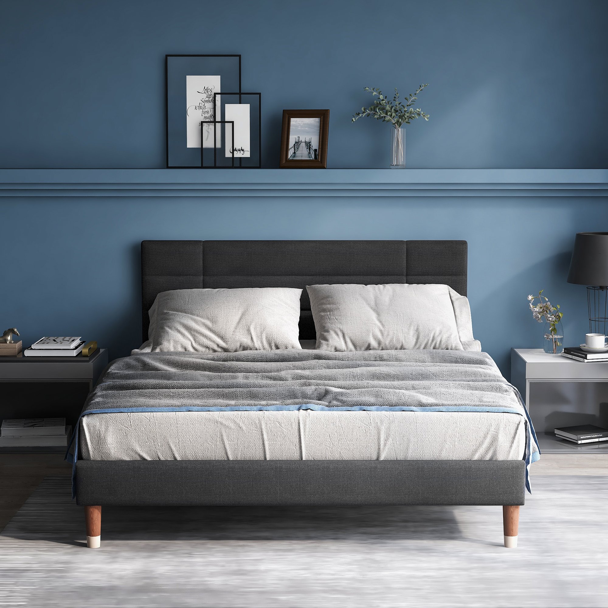 lit coffre double 140x200 gris avec matelas ressorts et sommier à lattes, cadre rembourré pour chambre