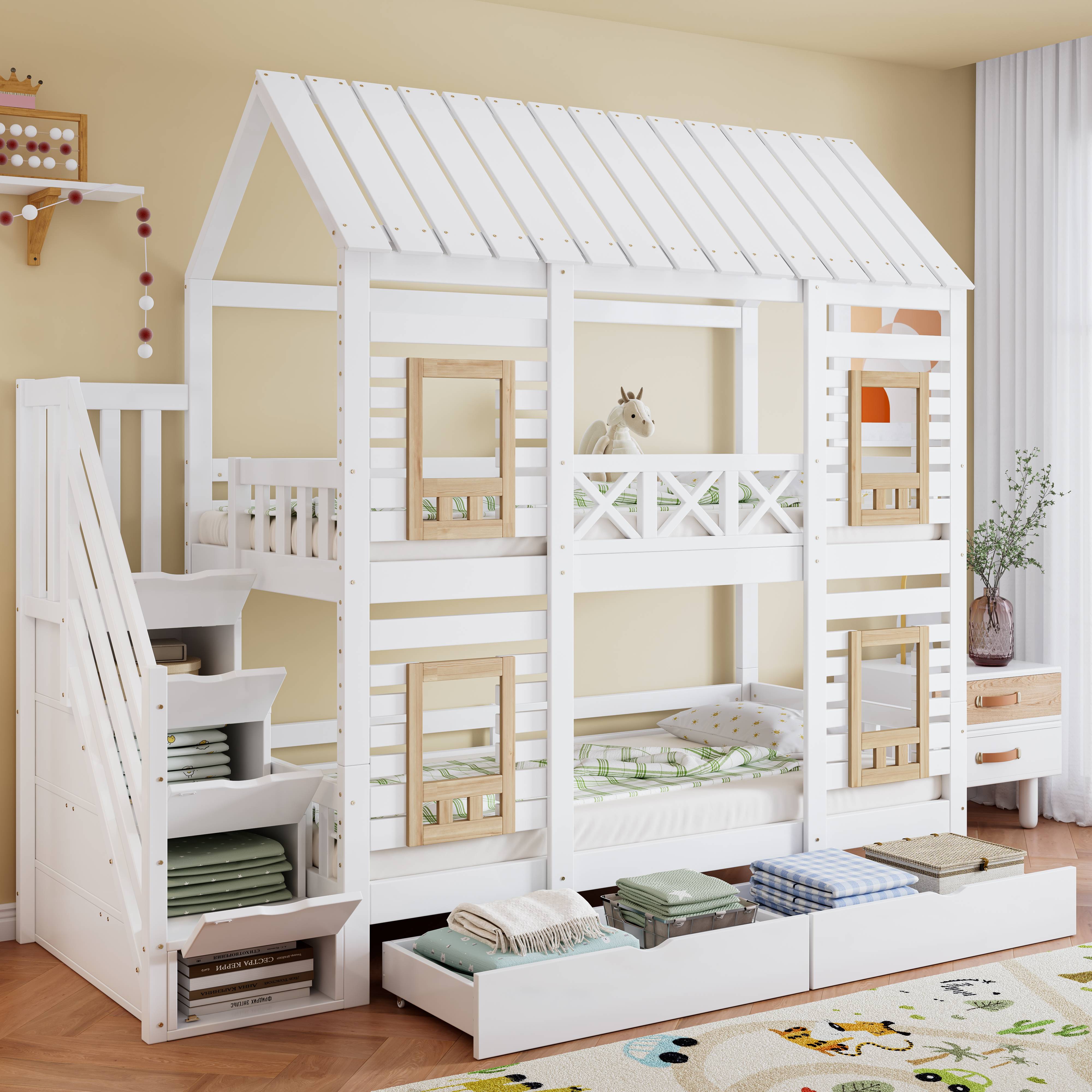 Lit superposé enfant 90x200 cm avec rangement, échelle et tiroirs, en pin blanc et naturel