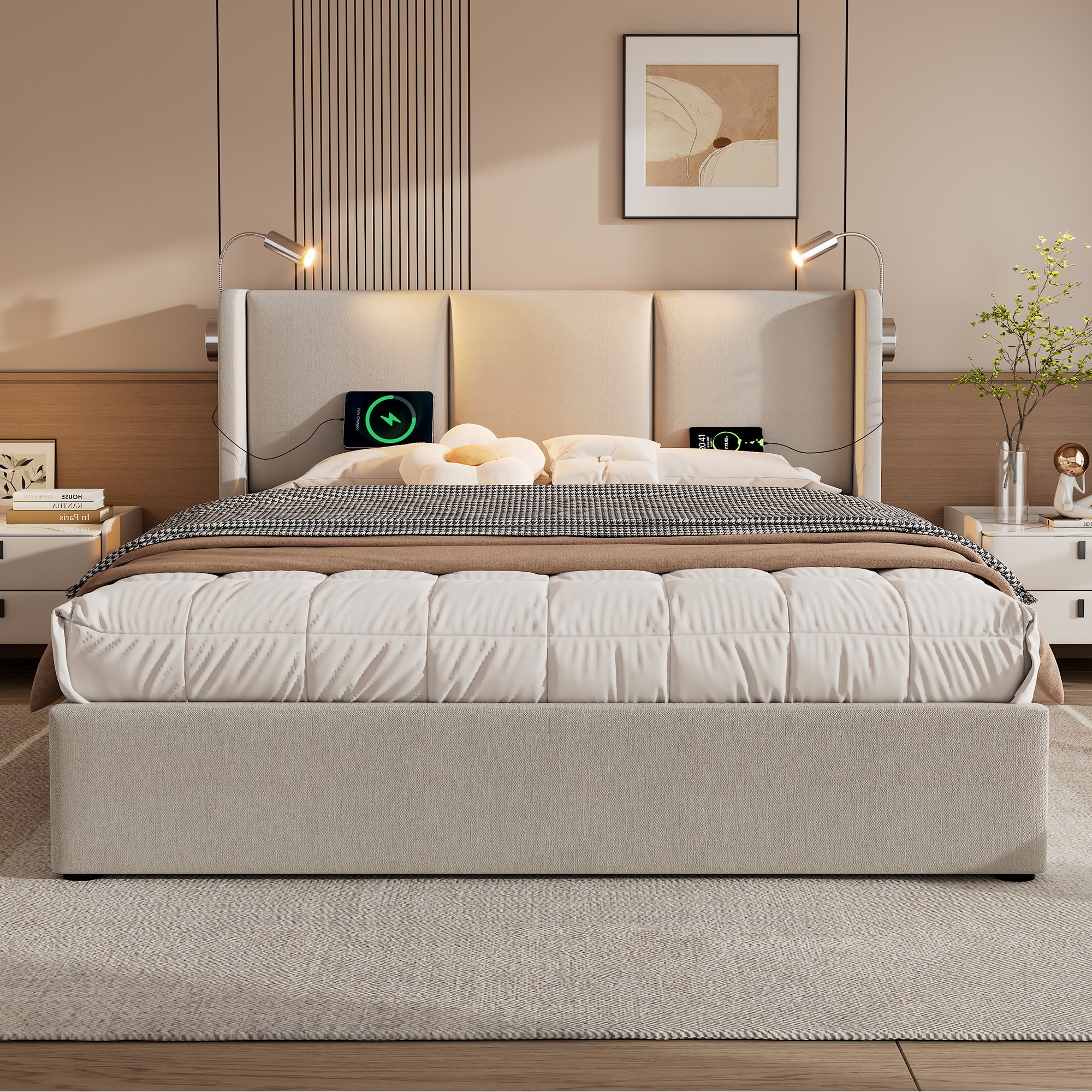 lit coffre 160x200 avec tête de lit lampe lecture flexible et port de charge USB intégré, structure stable