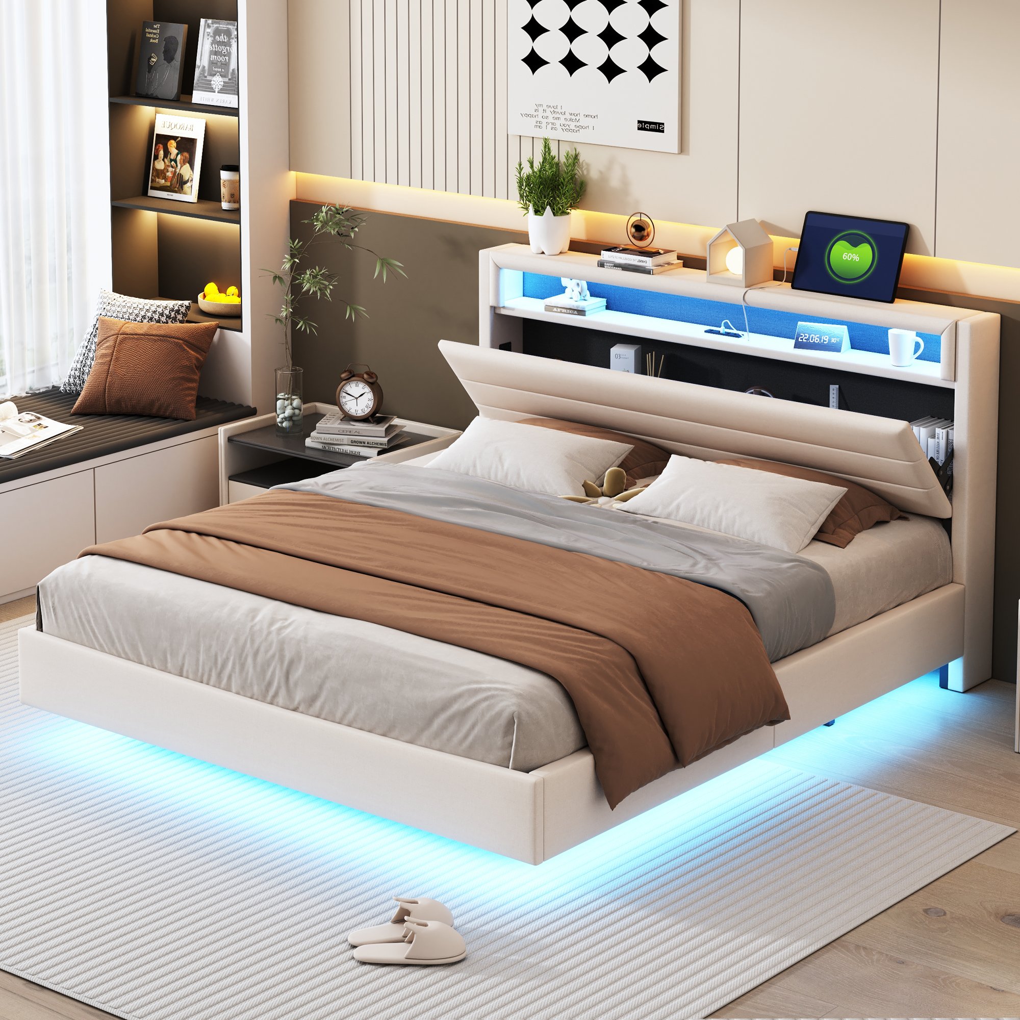 Lit rembourré avec LED et USB, tête relevable pour rangement, 160x200