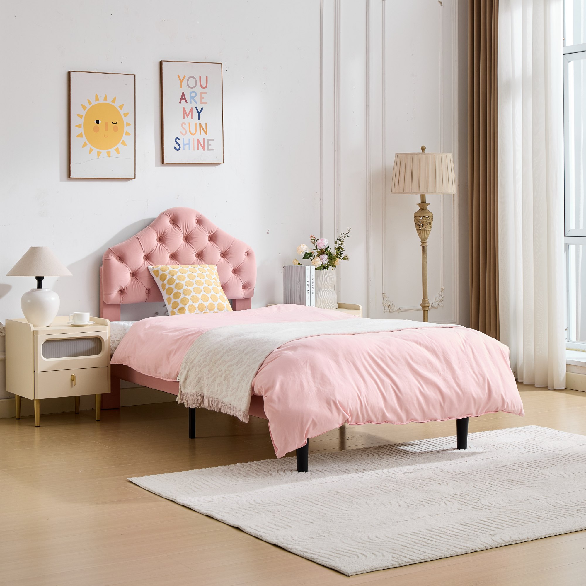 Lit simple en velours rose 90x200 cm avec tête de lit réglable et sommier à lattes