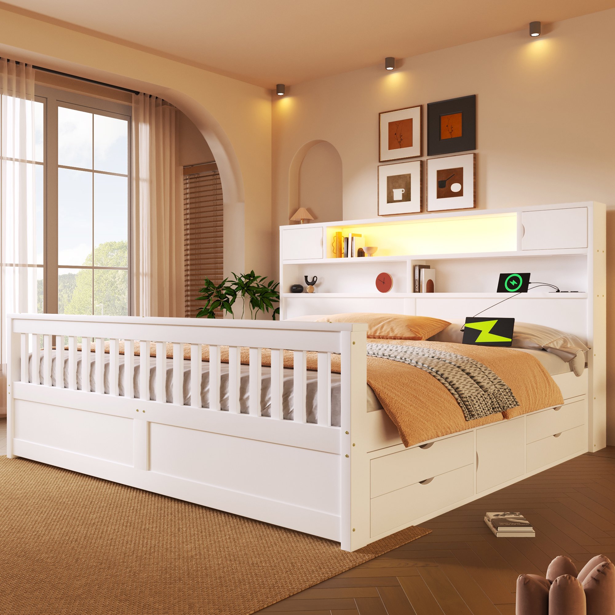 Lit coffre 180x200 en Panneau composite de fibres de bois à densité et contreplaqué, blanc, avec rangements et LED