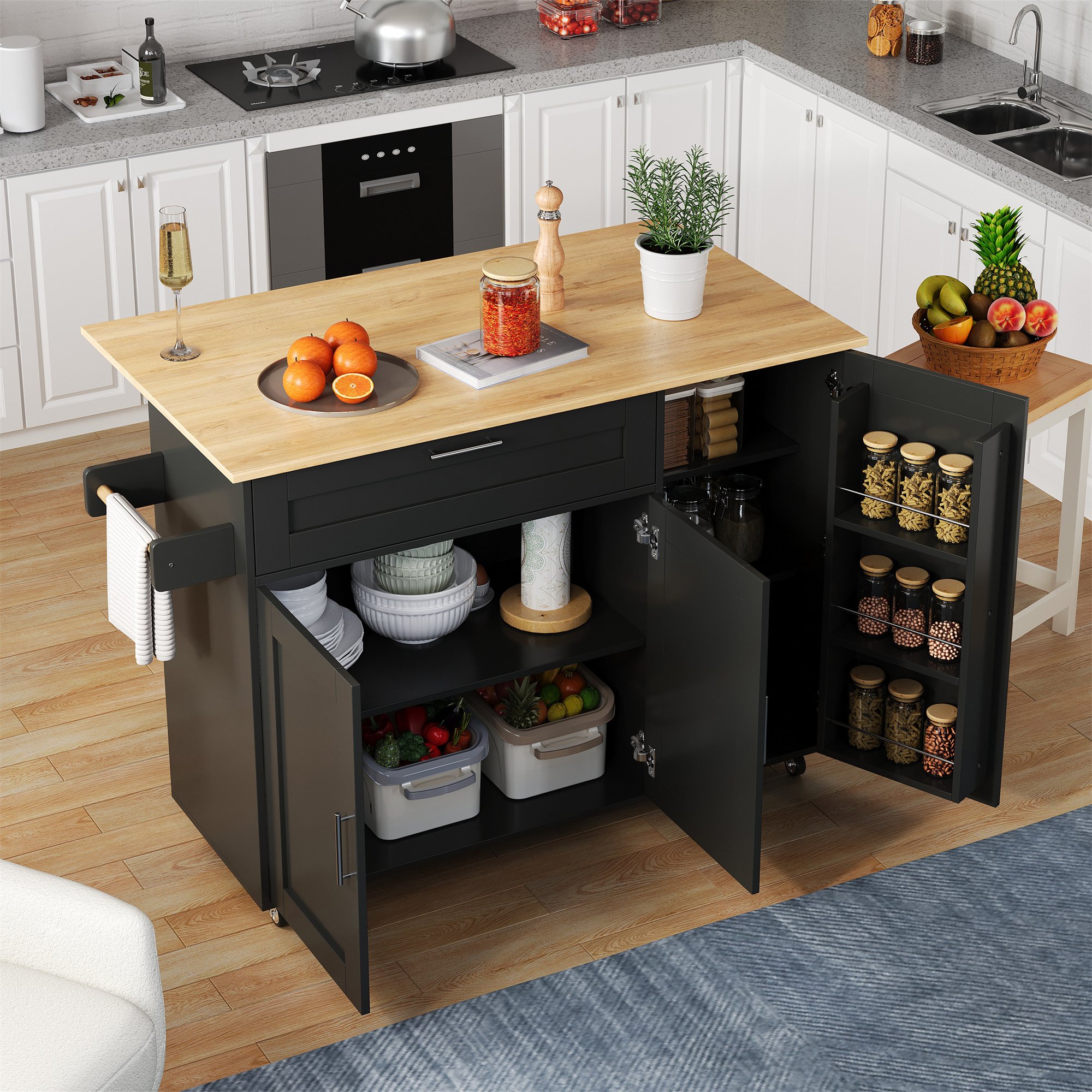 Îlot de cuisine 132,5x44(70)x90 cm, 2 personnes, avec rangement, plan de travail rabattable, 5 roulettes, noir et naturel, Panneau composite de fibres de bois à densité