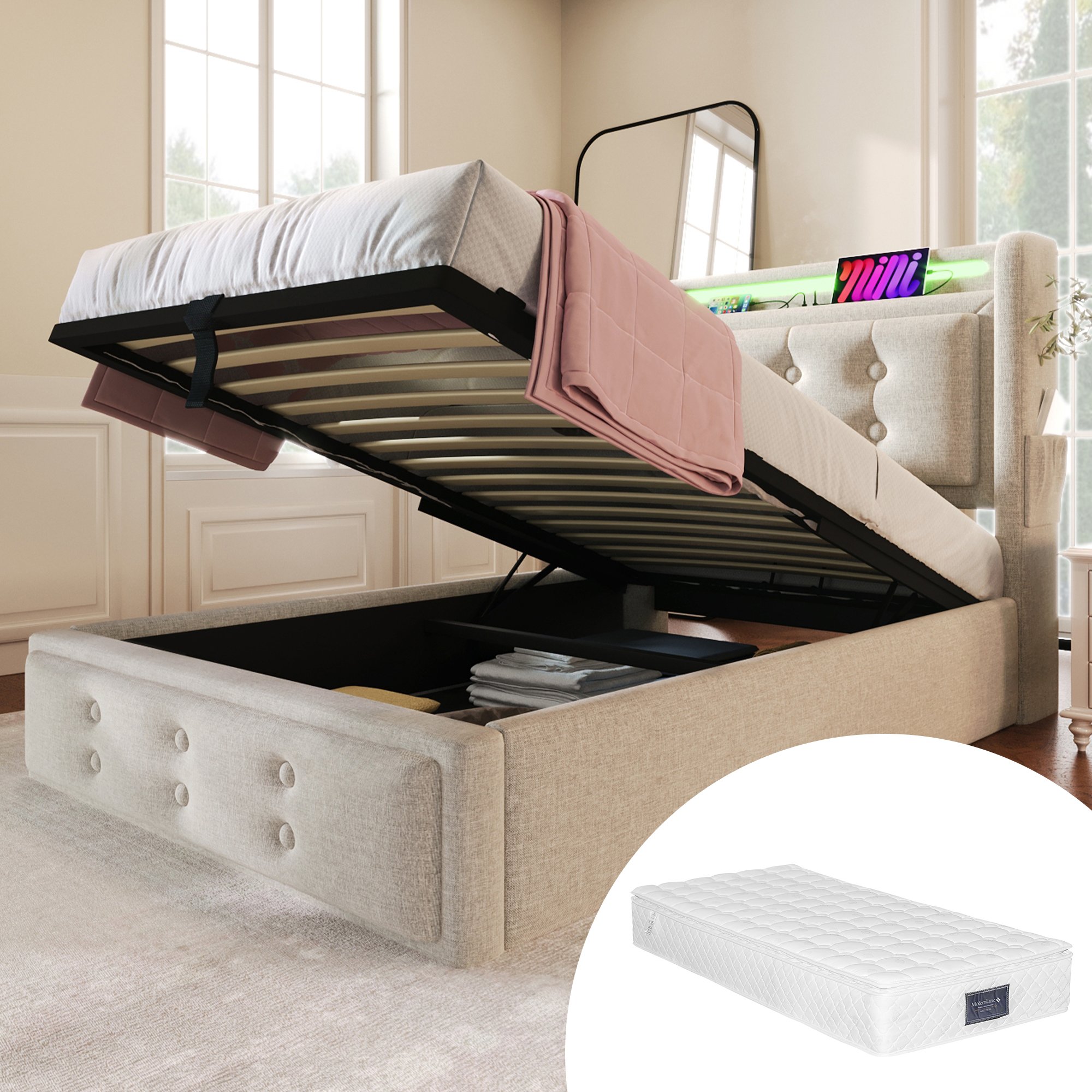 lit coffre 90x200 avec LED, USB et Type-C, rangement hydraulique sous le sommier à lattes, tête de lit rembourrée beige