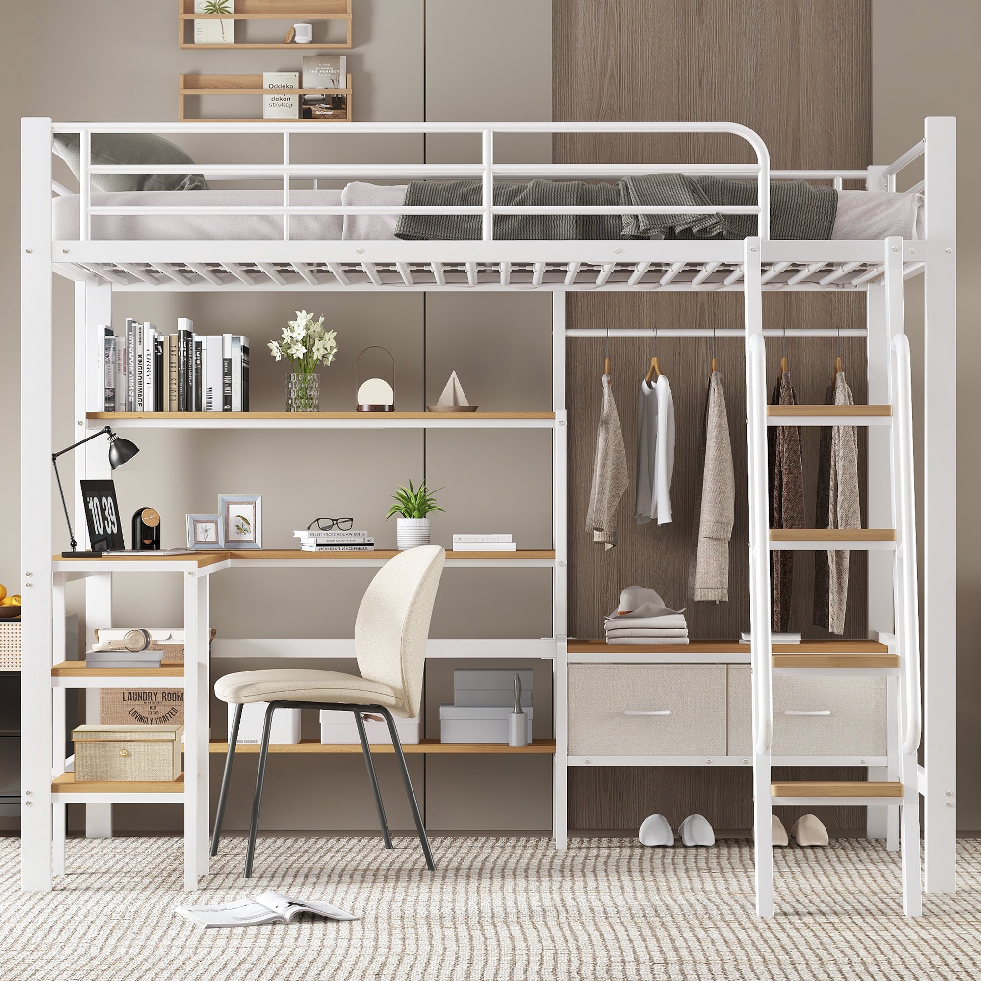 Lit mezzanine avec bureau intégré, rangements et échelle pour enfant, 90x200
