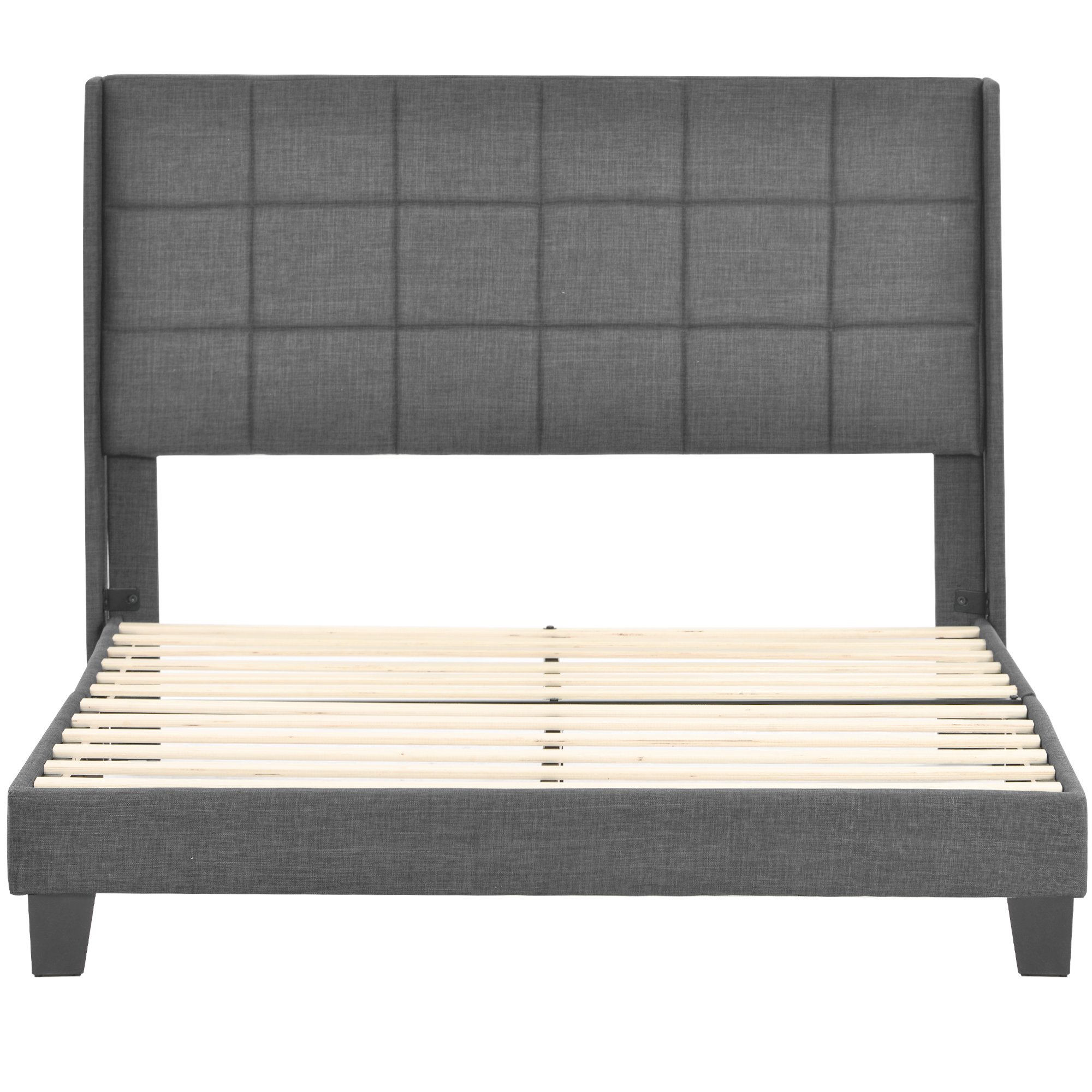 lit double rembourré 140x200 gris revêtement lin avec cadre acier bois et sommier à lattes stable