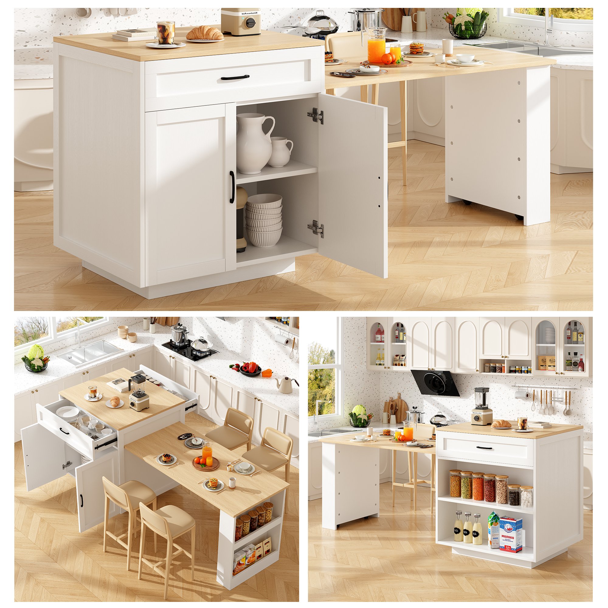 Îlot de cuisine extensible avec rangement et table intégrée, 2 tiroirs, étagères latérales, roulettes, pour 2-6 personnes